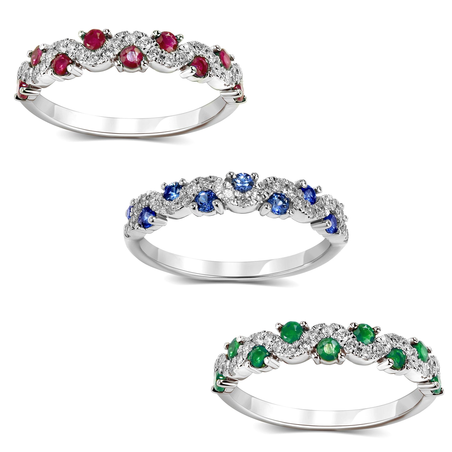 18k White Gold Gemstone Diamond Wave Ring
