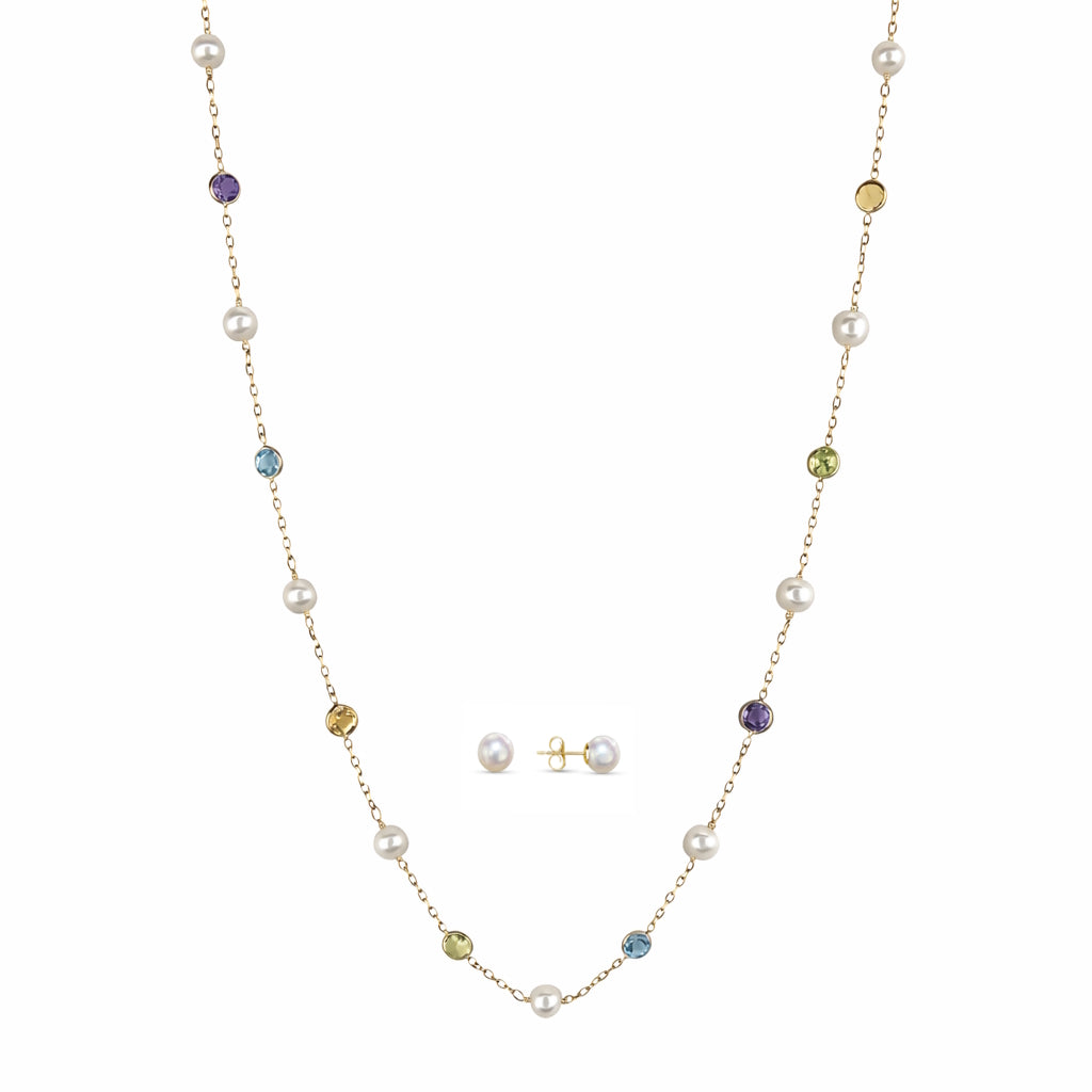 14k White Pearl Multi Gemstone Station Set Necklace and Earring