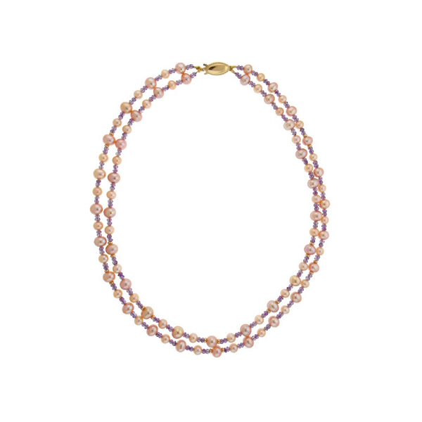 Pink FW Pearl Amethyst Gold Bead 2-Row Necklace
