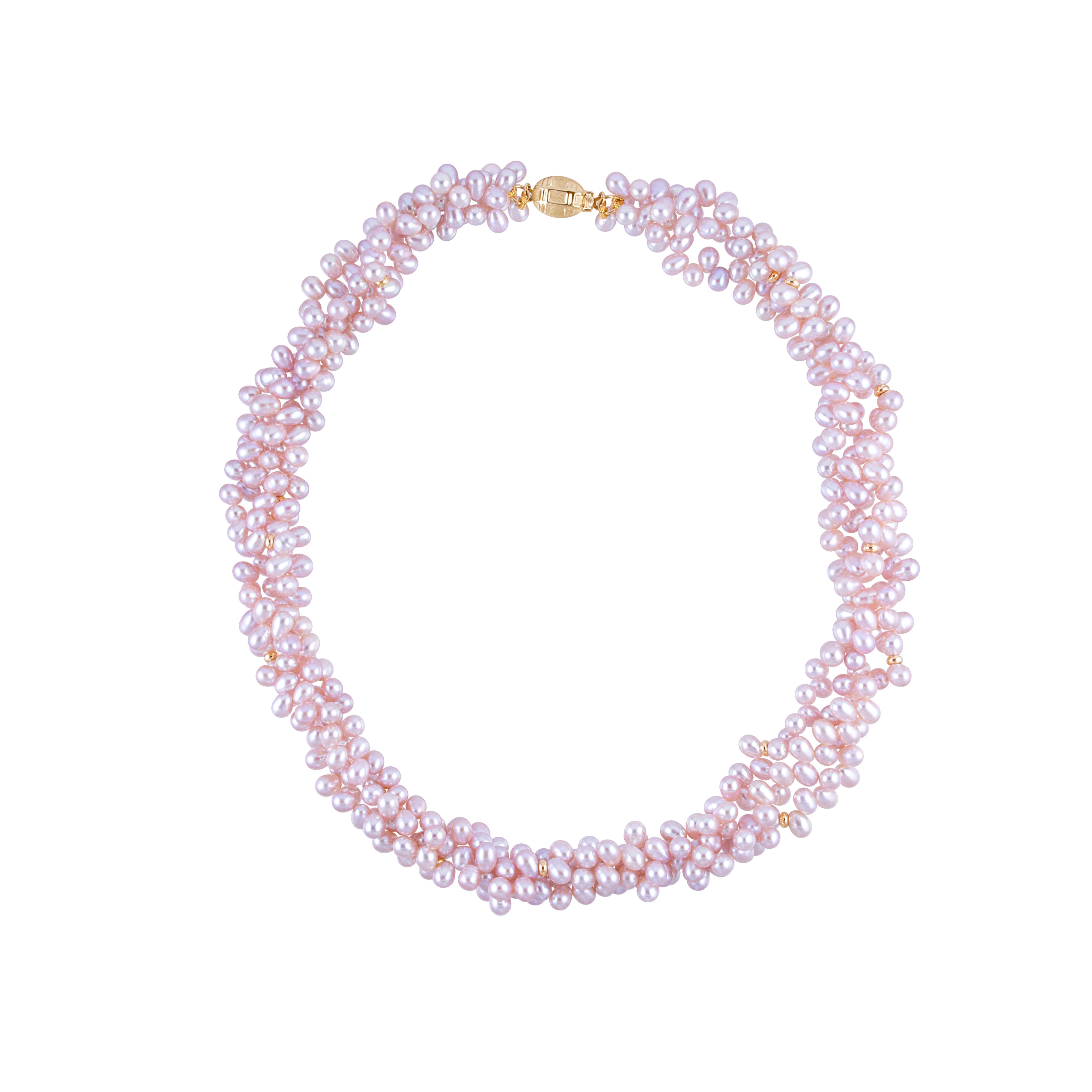 14k Pink FW Pearl Rice Crispy Gold Rondel 3-Row Necklace