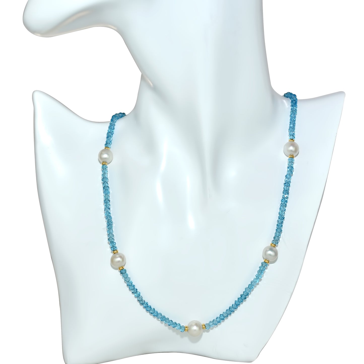 14k Swiss Blue Topaz White Freshwater Pearl Round Necklace 18"