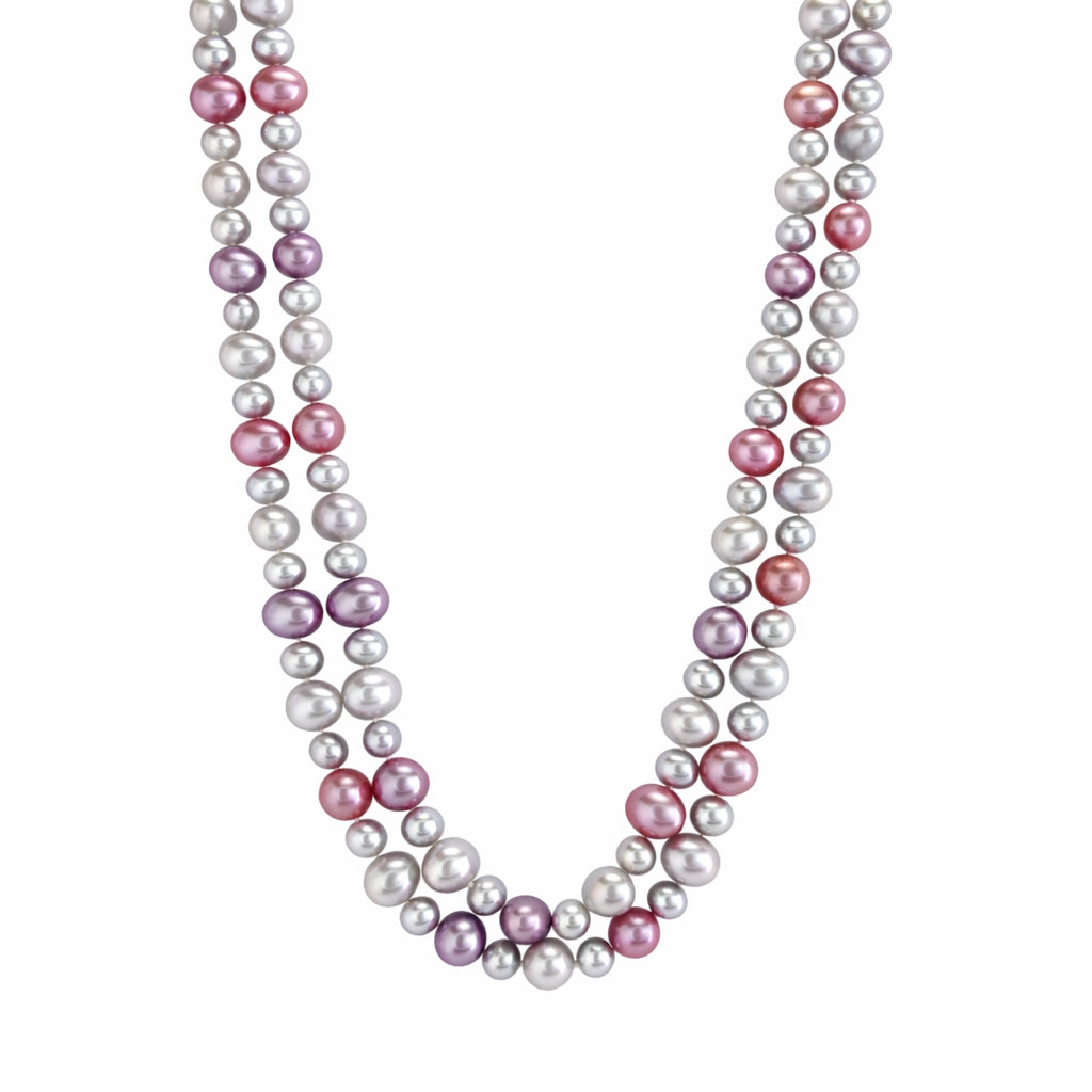 14k White Gold Multi Colors Fresh Water Pearl 2 Strand Knotted Necklace