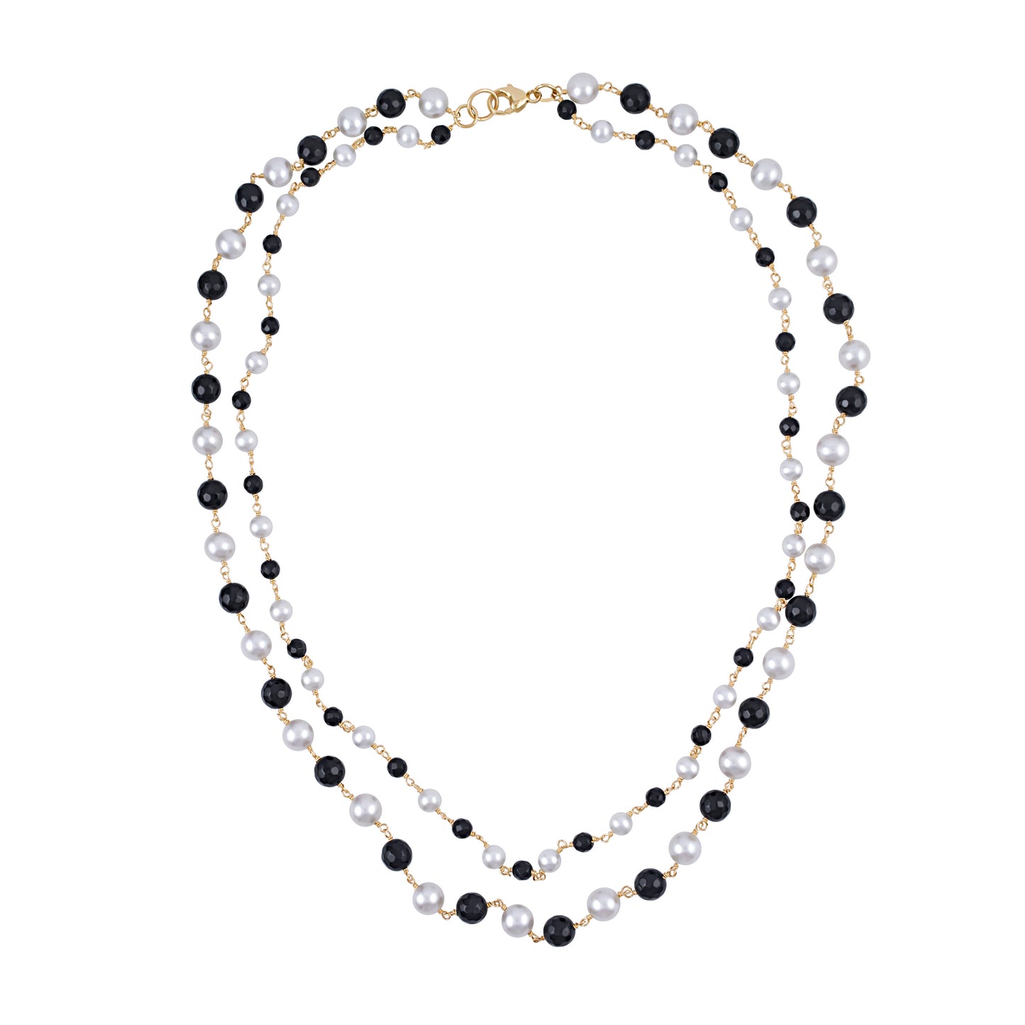 14k White Pearl Black Onyx Link 2 Row Necklace