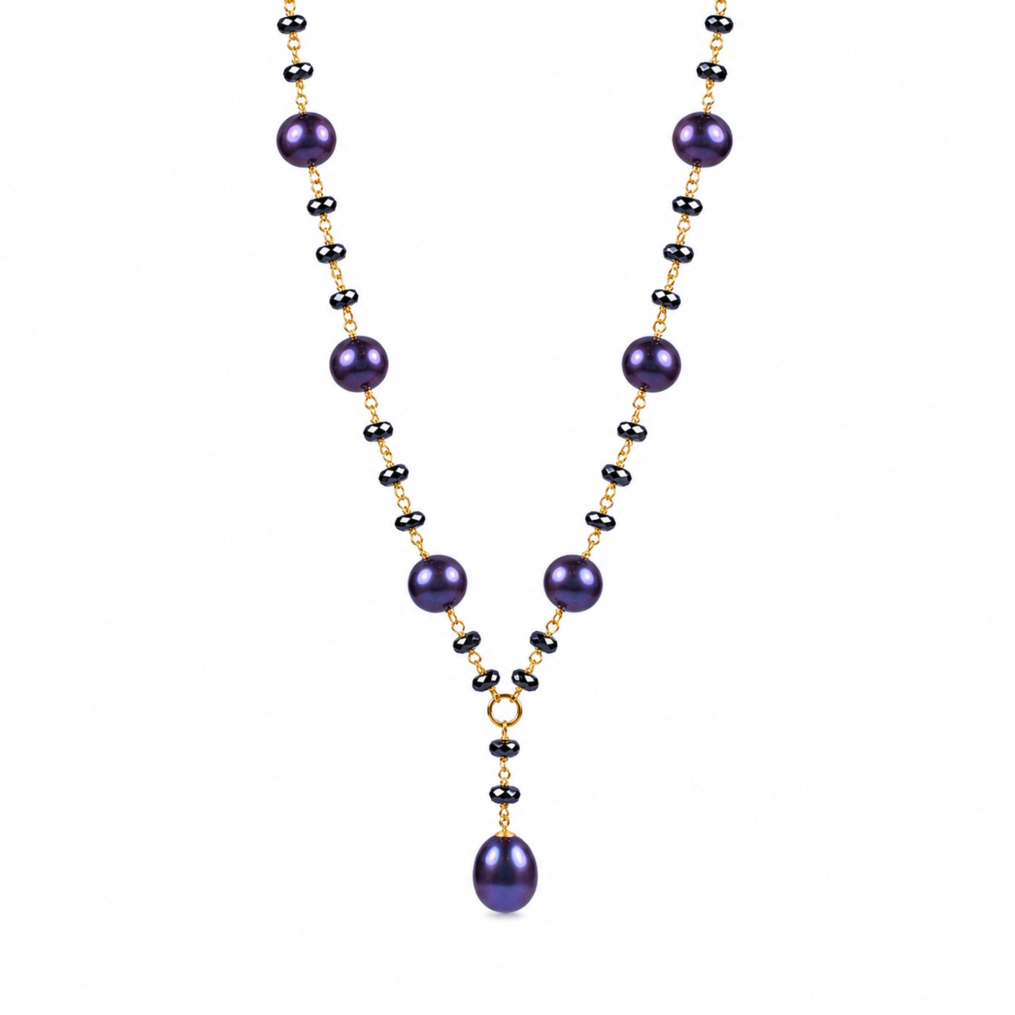 14k Black Pearl Hematite Link Y Necklace