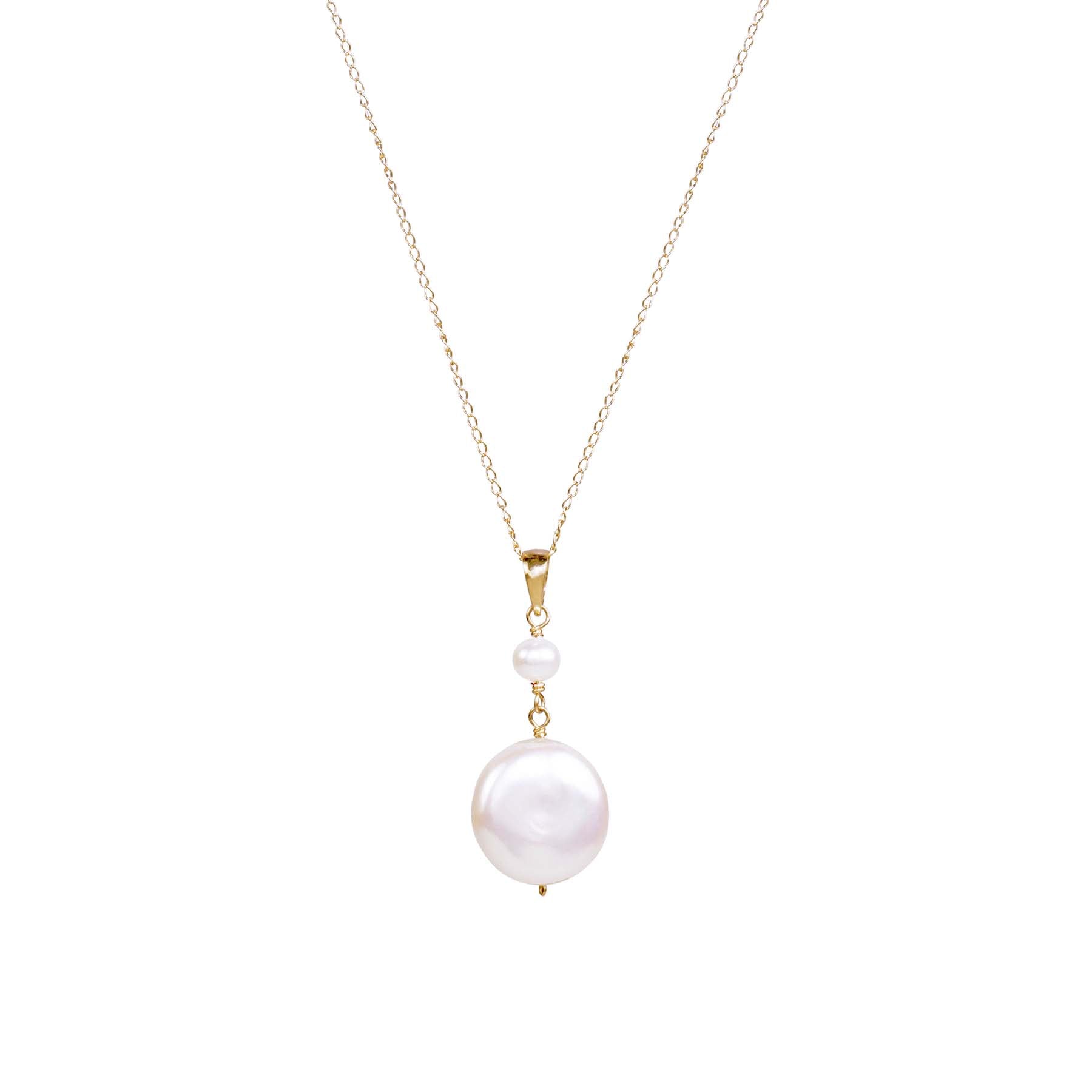 14k White Freshwater Pearl Coin Pendant Necklace 17"