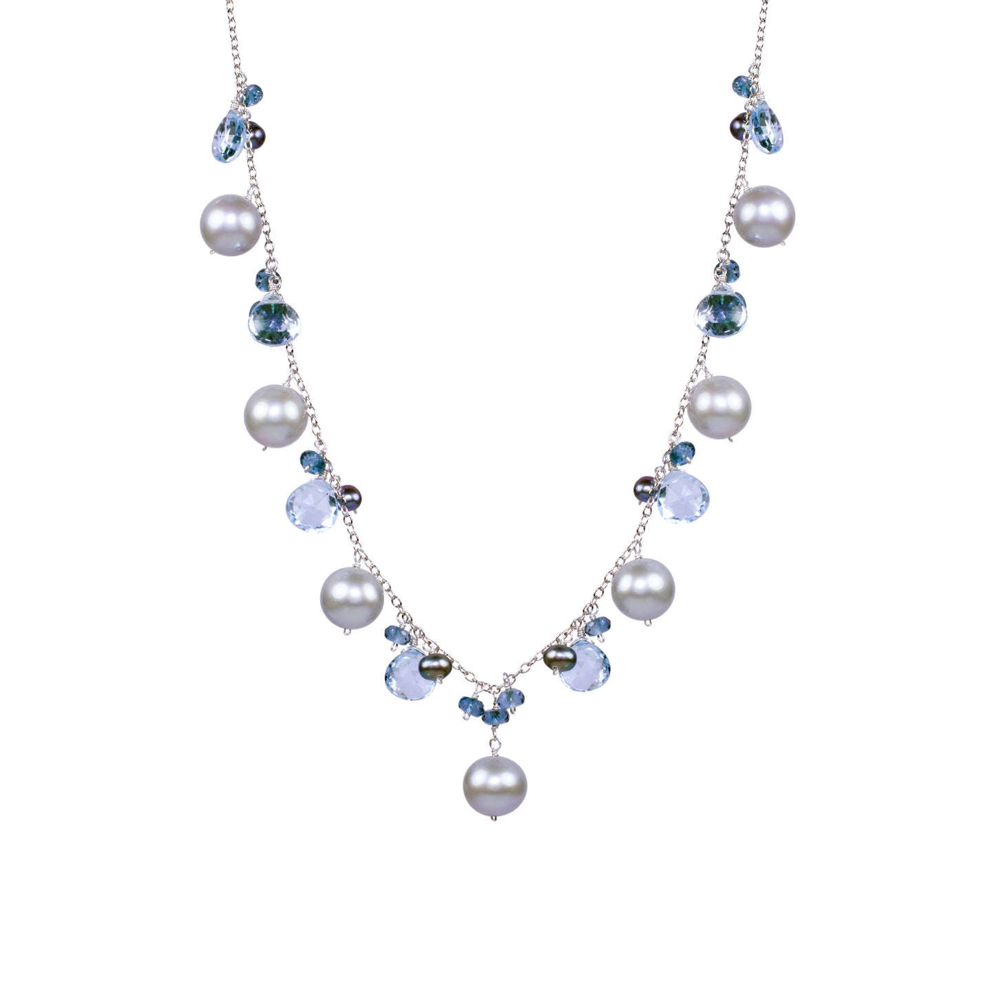 14k Multi Topaz Grey Pearl Cluster Necklace