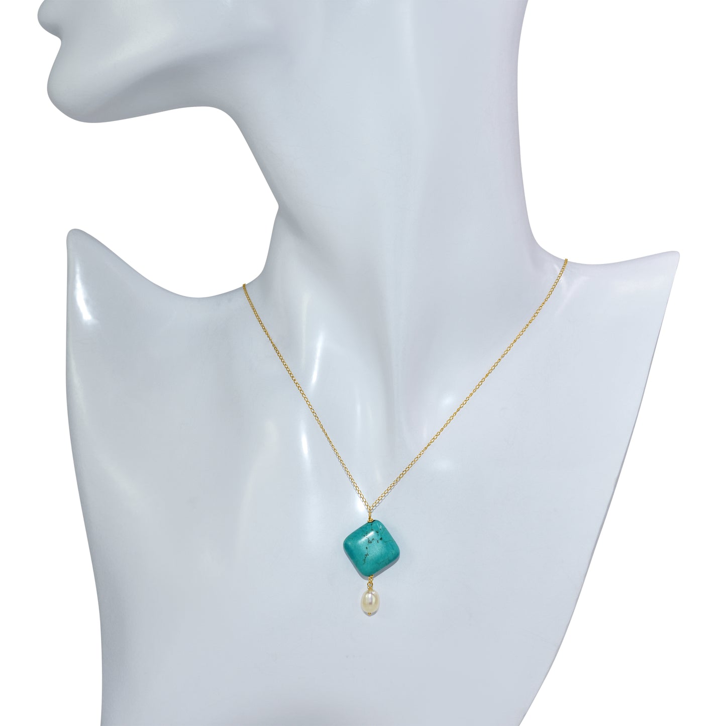 14k Diamond Shape Turquoise & White Freshwater Pearl Necklace