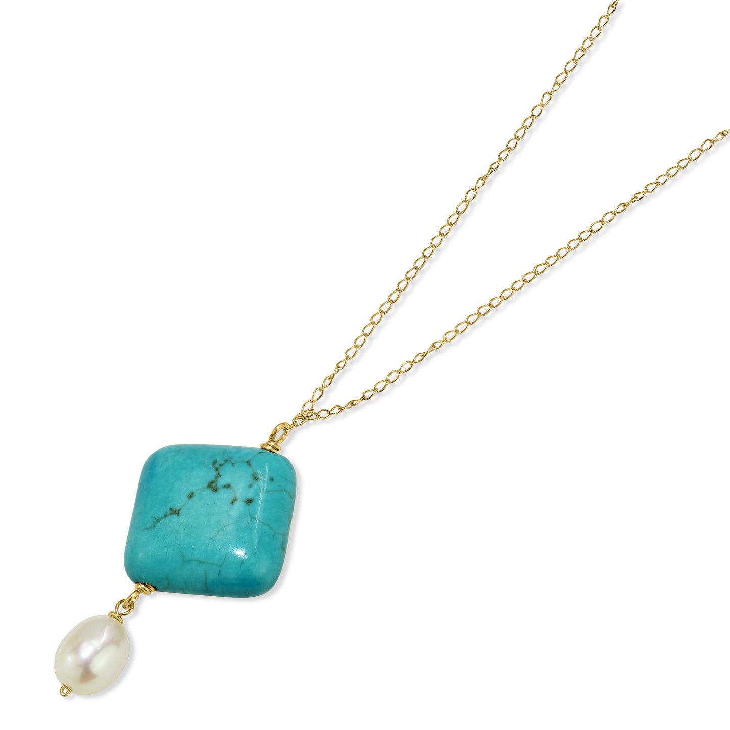 14k Diamond Shape Turquoise & White Freshwater Pearl Necklace