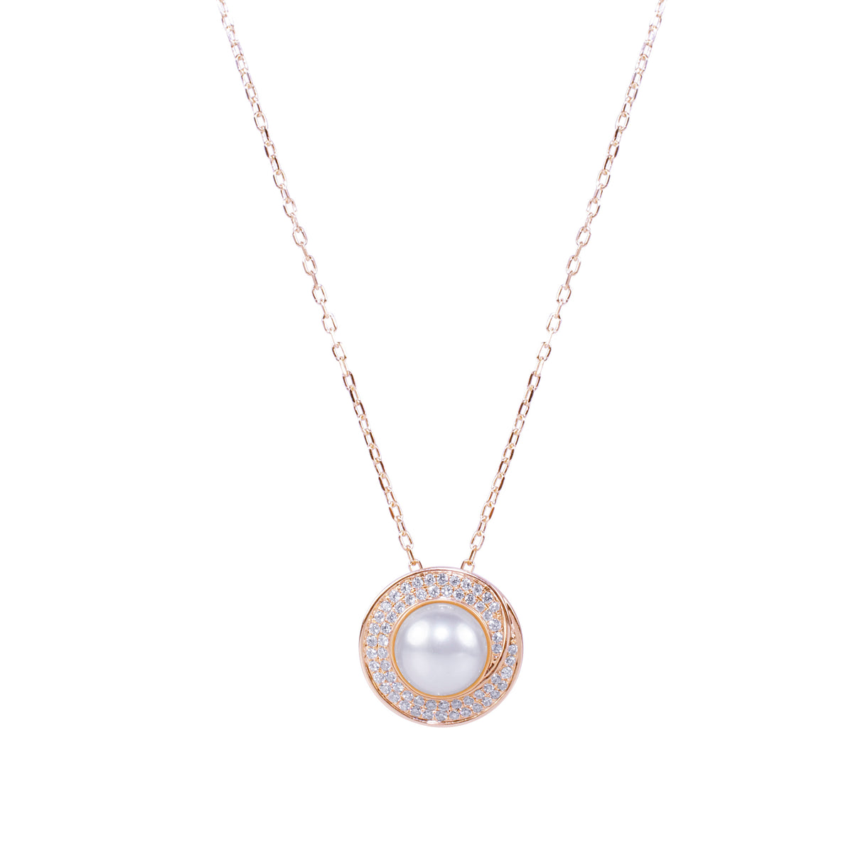 14k White Pearl Diamond Round Disc Pendant Necklace