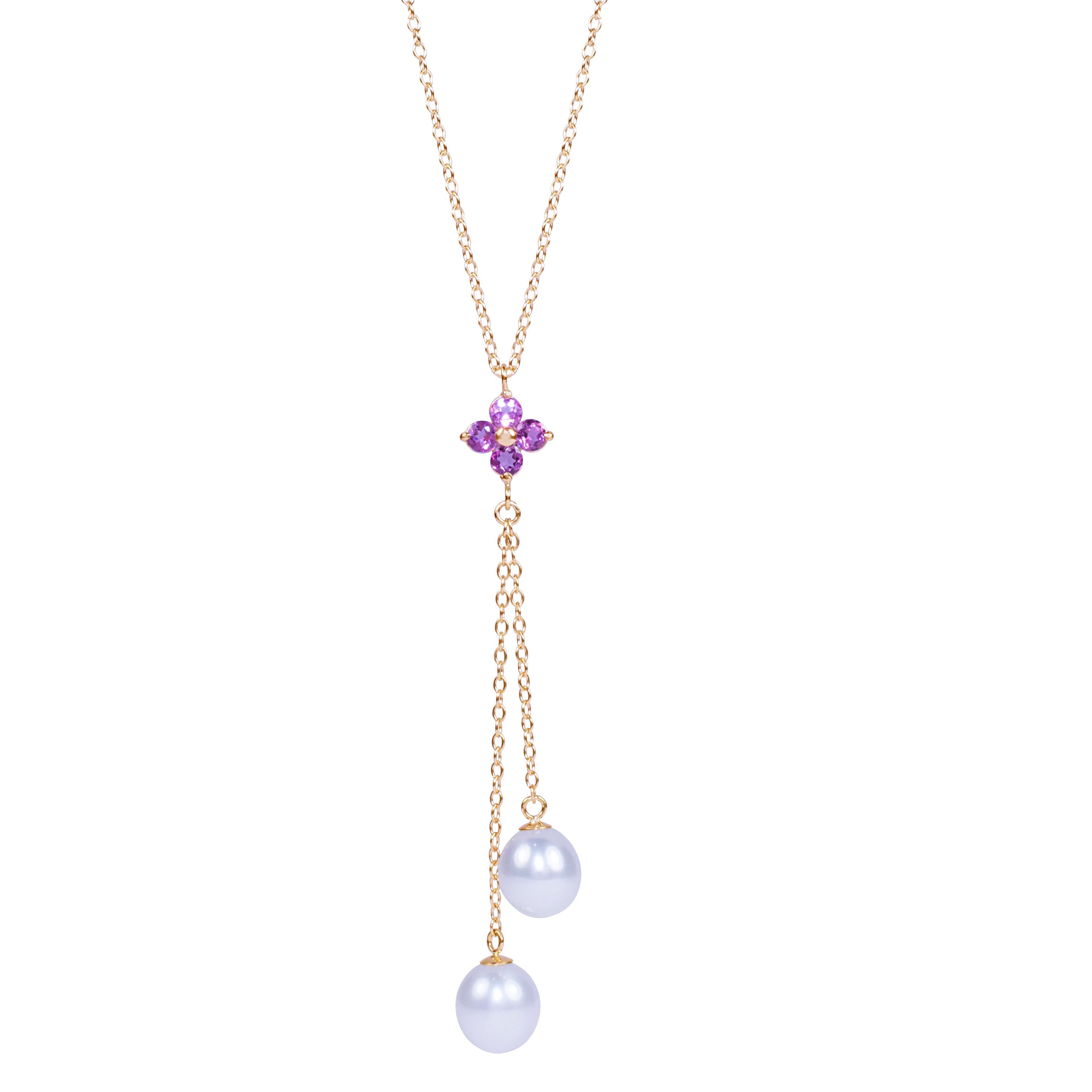 14k Pink Tourmaline Flower & White Fresh Water Pearl Necklace