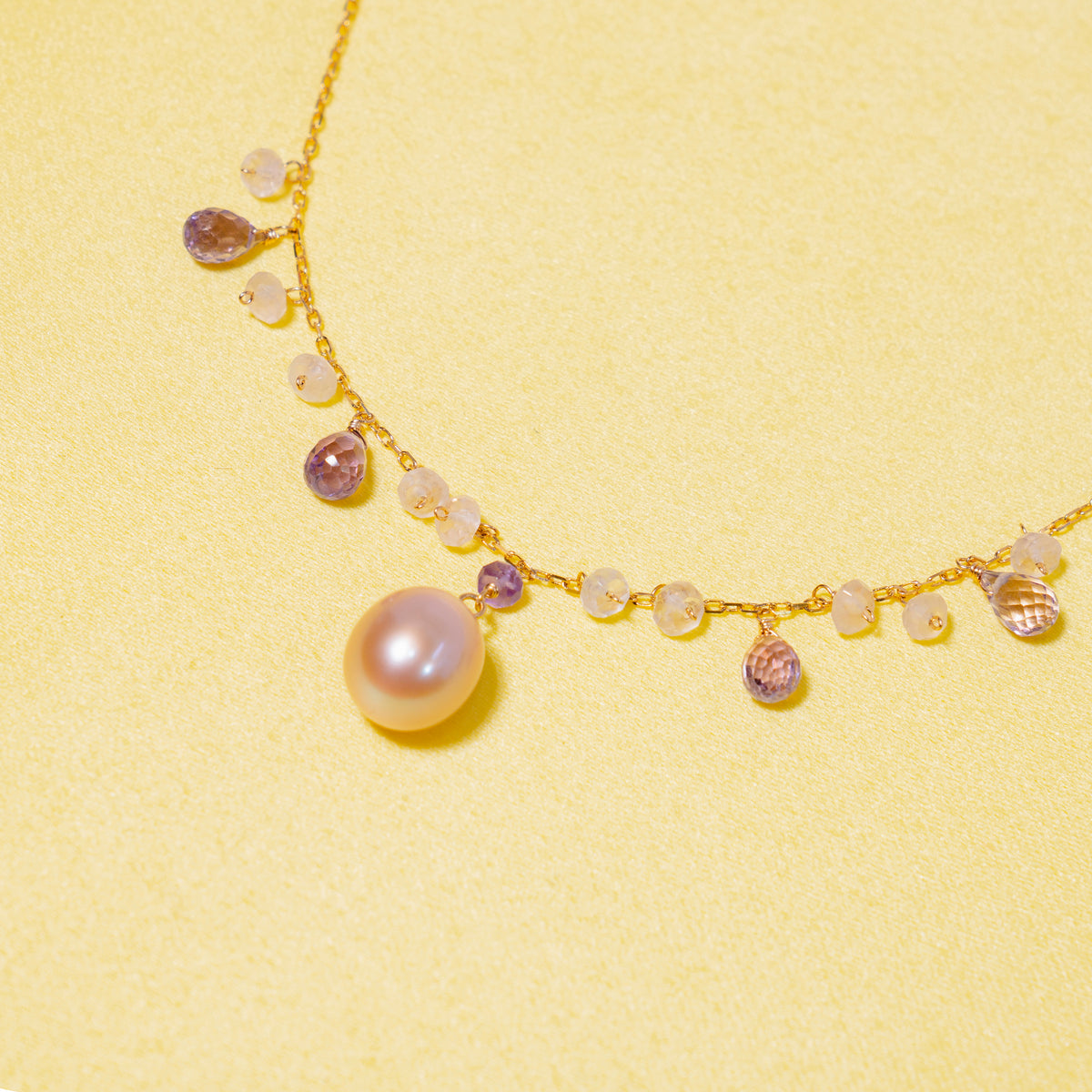14k Pink Freshwater Pink Pearl, Amethyst, and Rose Quartz Necklace 17"