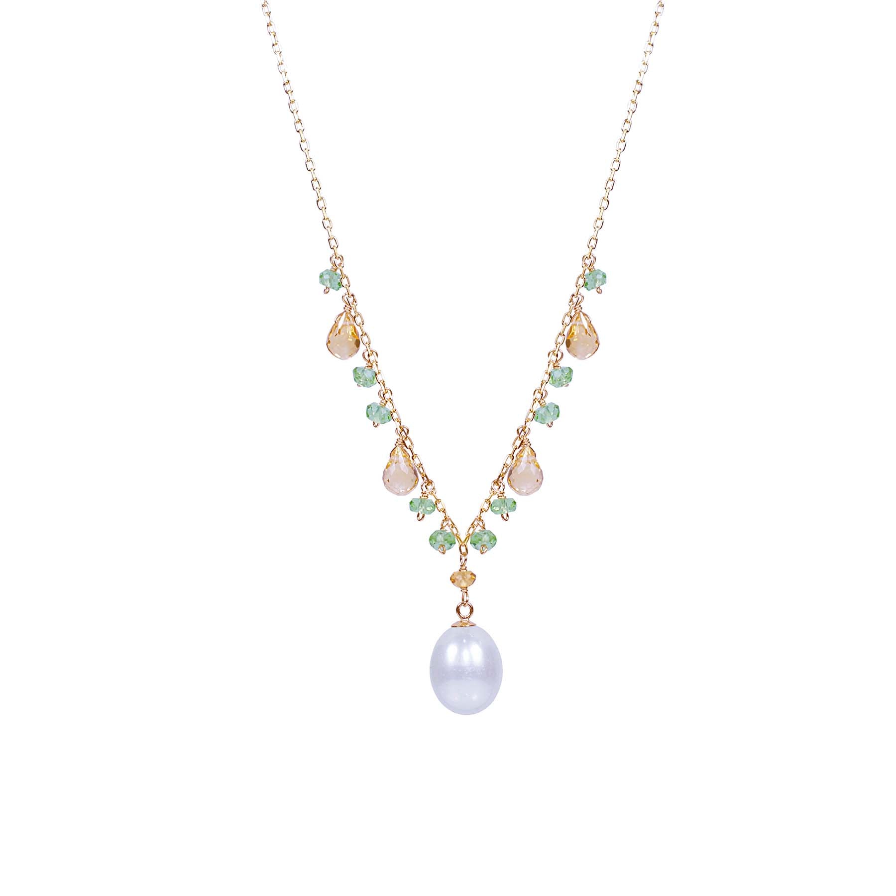 14k White Freshwater Pearl Citrine Peridot Necklace 17"