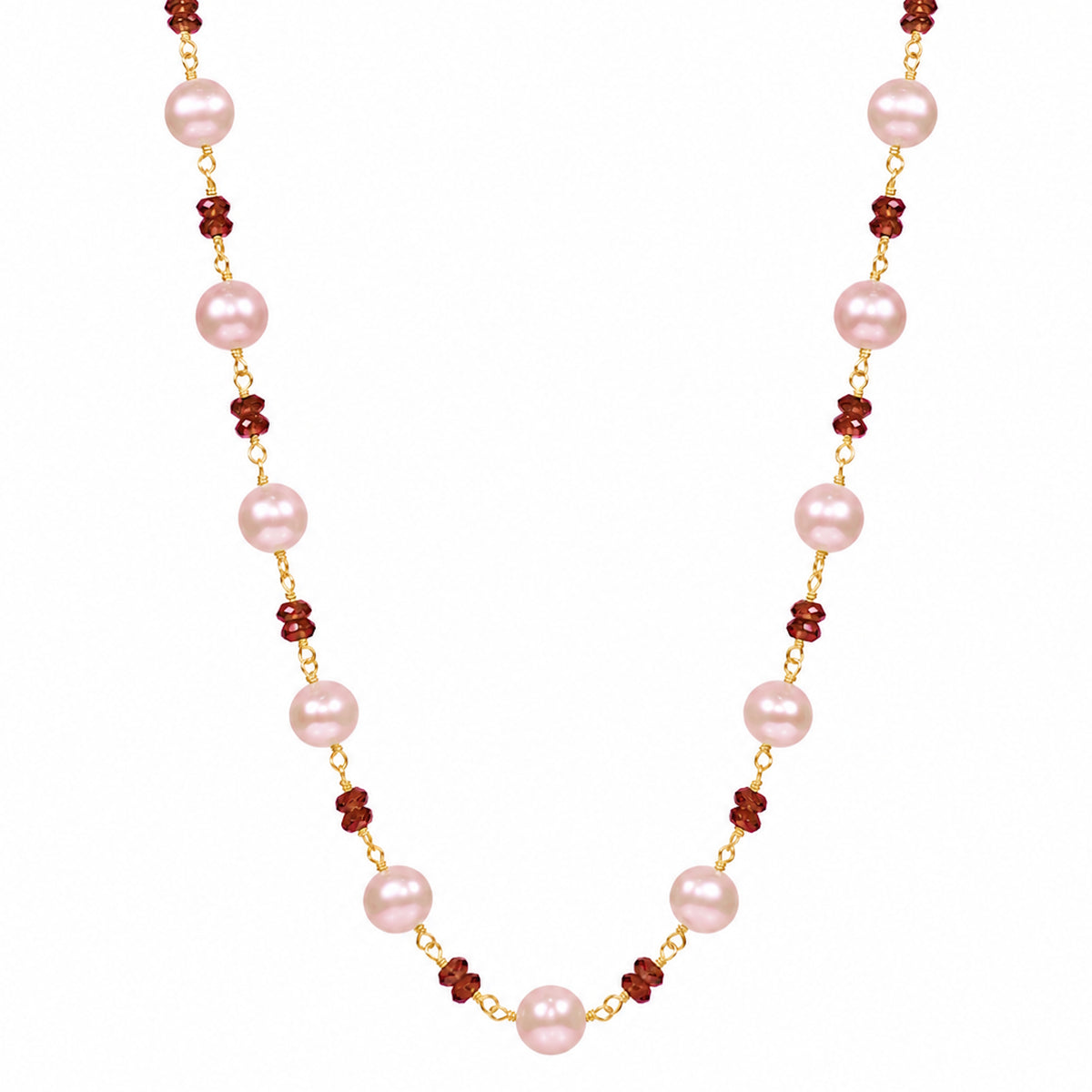 14k Pink Freshwater Pearl Rhodolite Garnet Link Necklace