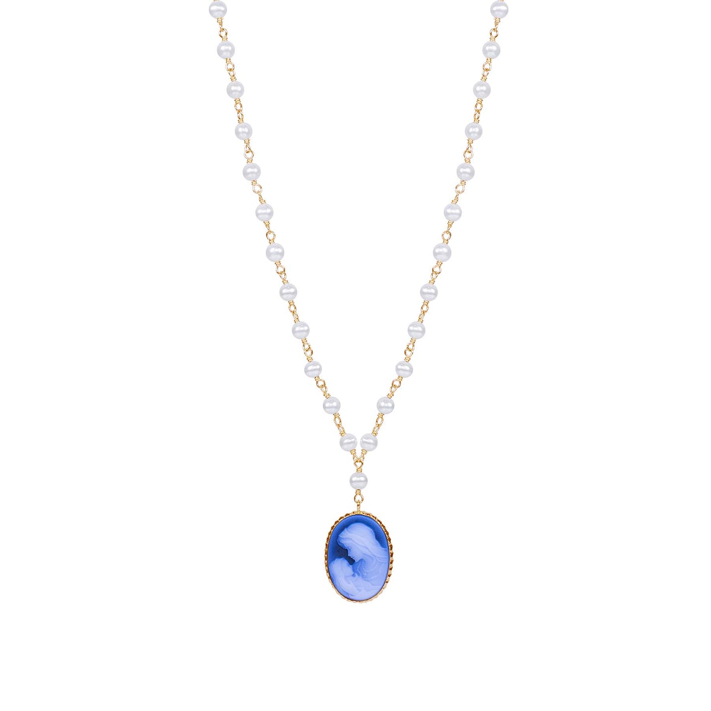 14k White Freshwater Pearl Link W/Cameo Pendant Necklace 18"