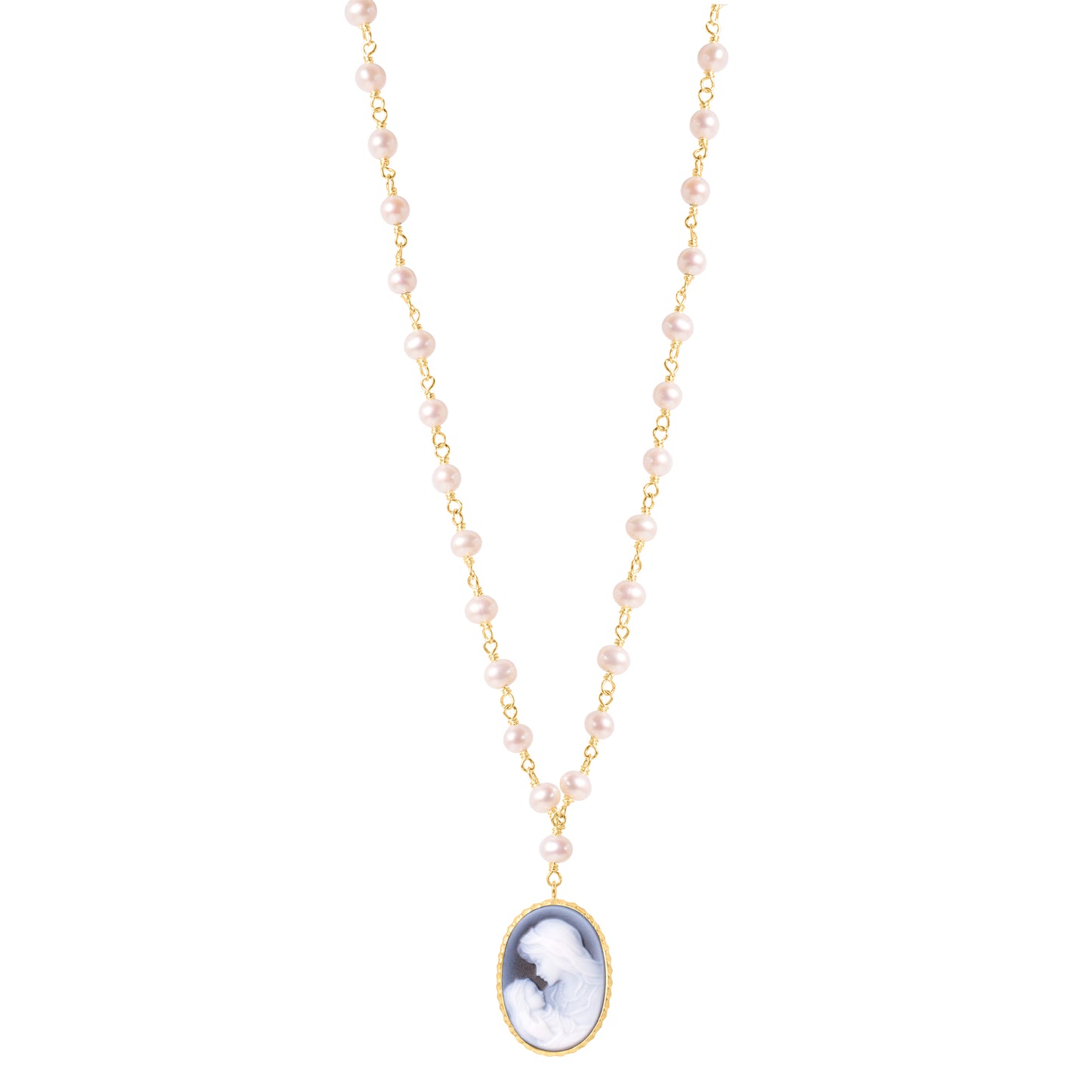 14k White Freshwater Pearl Link W/Cameo Pendant Necklace 18"