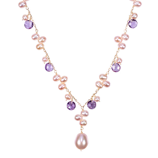 14k Pink Freshwater Pearl Amethyst Necklace 18"