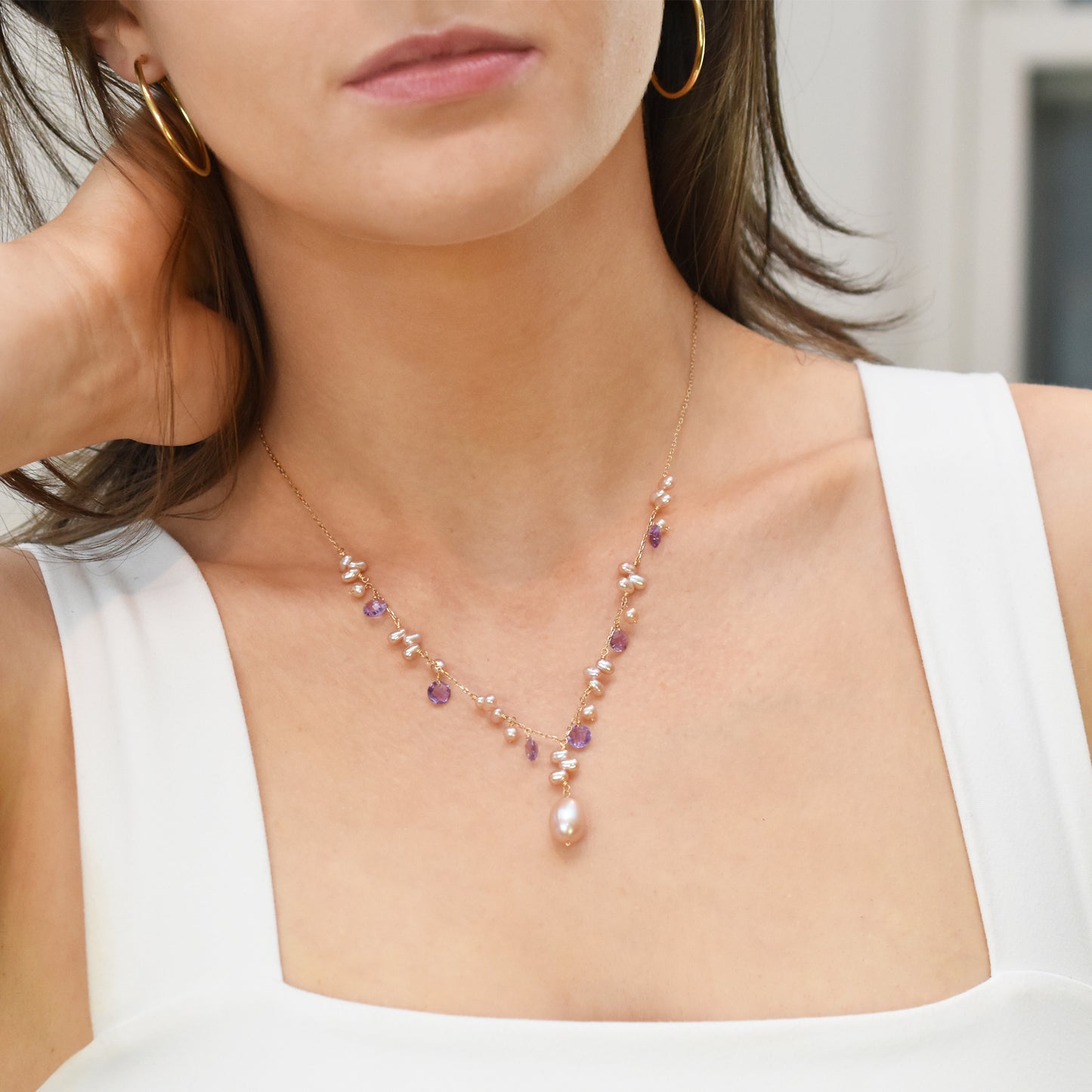14k Pink Freshwater Pearl Amethyst Necklace 18"