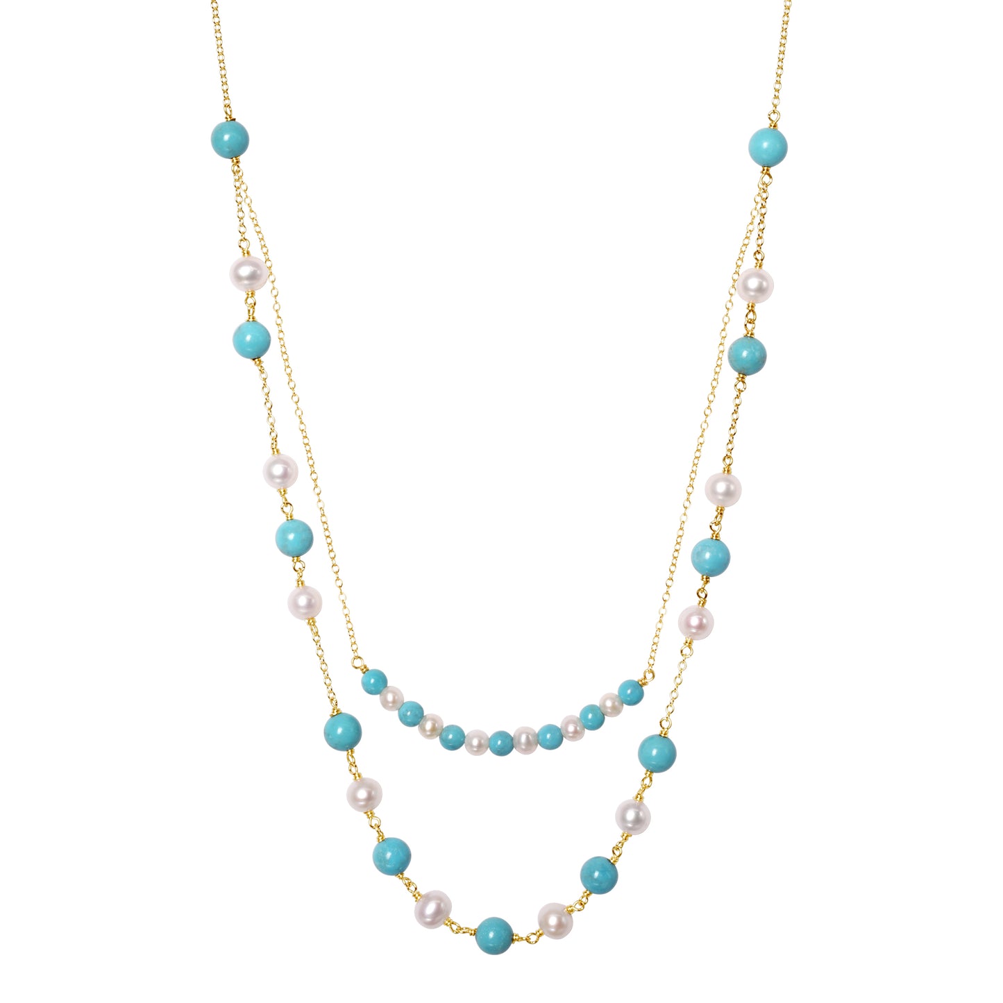 14k White Freshwater Pearl Turquoise 2 Row Necklace 18/20"