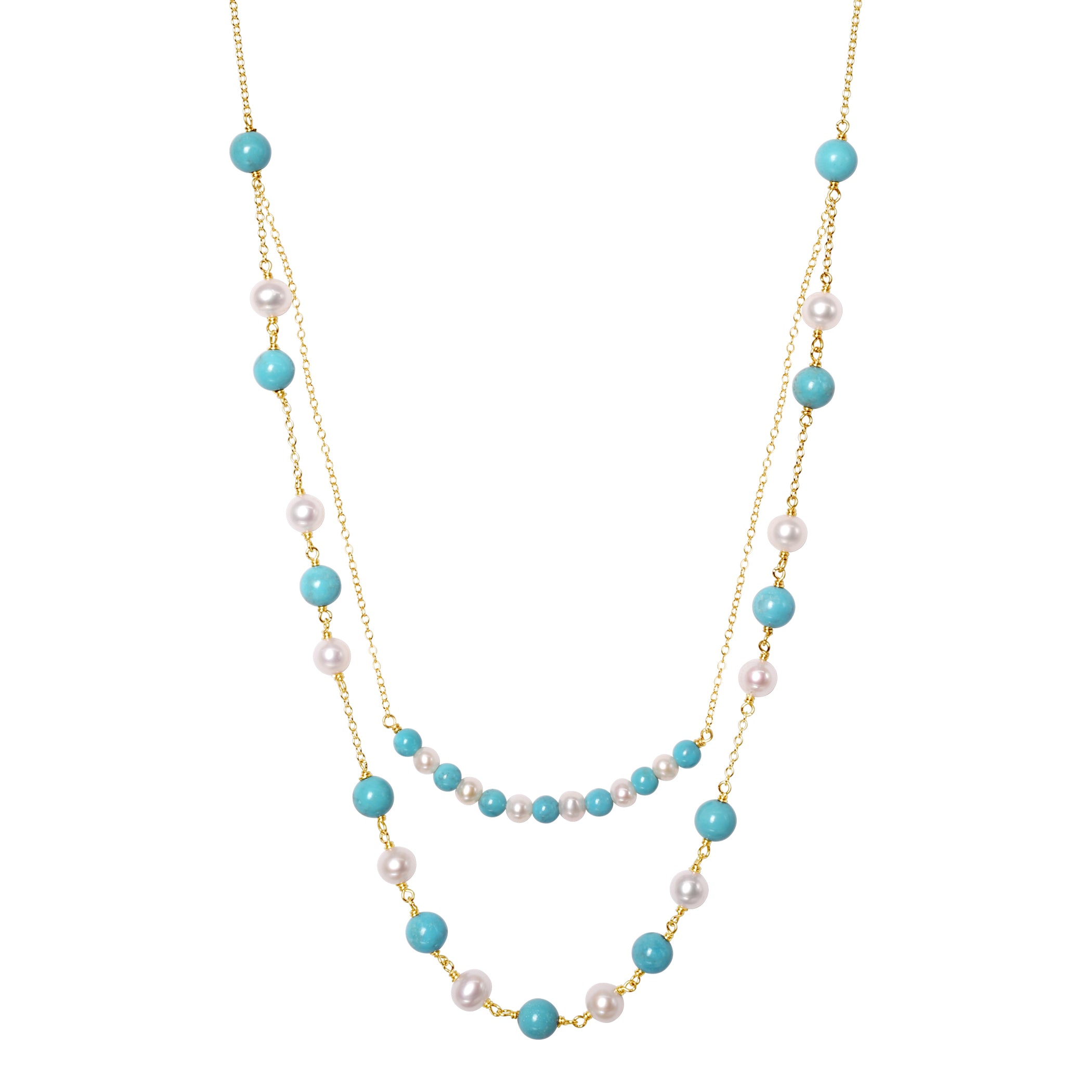 14k White Freshwater Pearl Turquoise 2 Row Necklace 18/20"