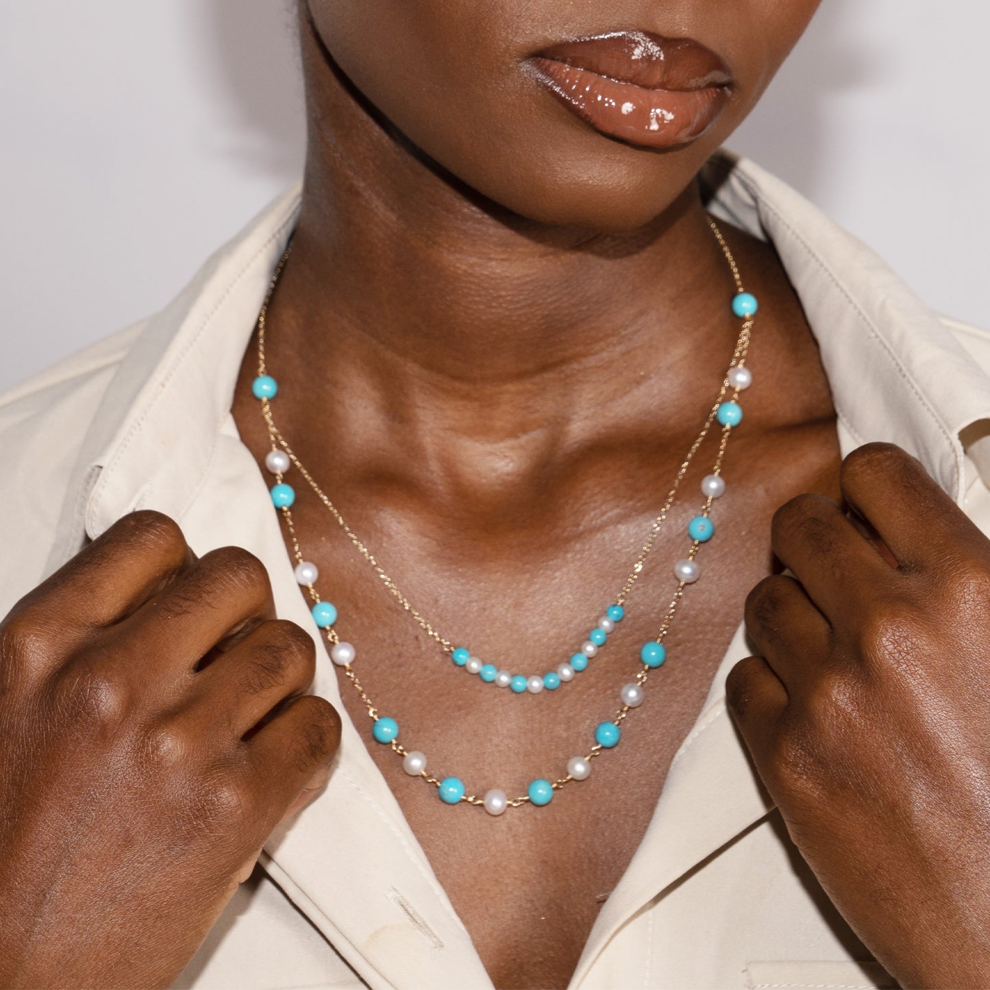 14k White Freshwater Pearl Turquoise 2 Row Necklace 18/20"