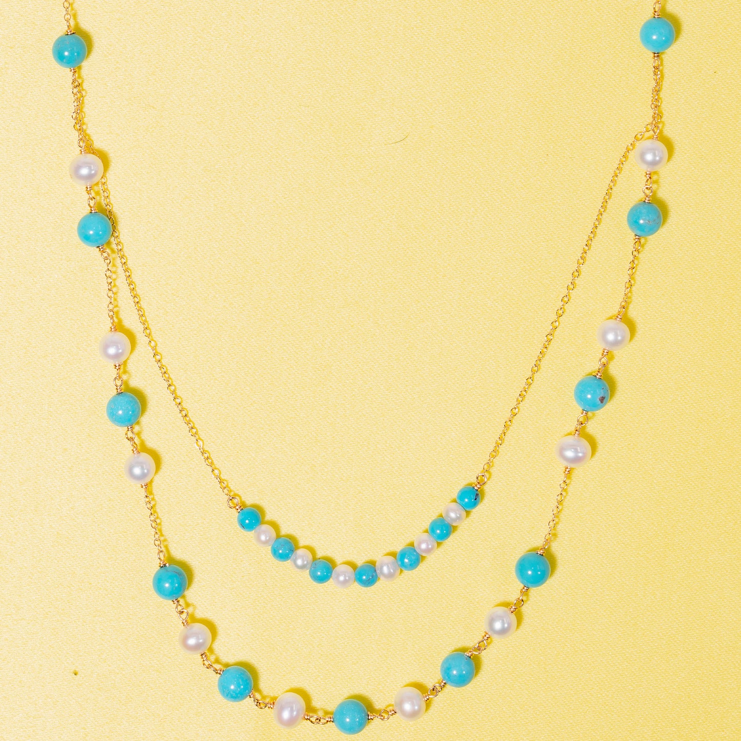 14k White Freshwater Pearl Turquoise 2 Row Necklace 18/20"