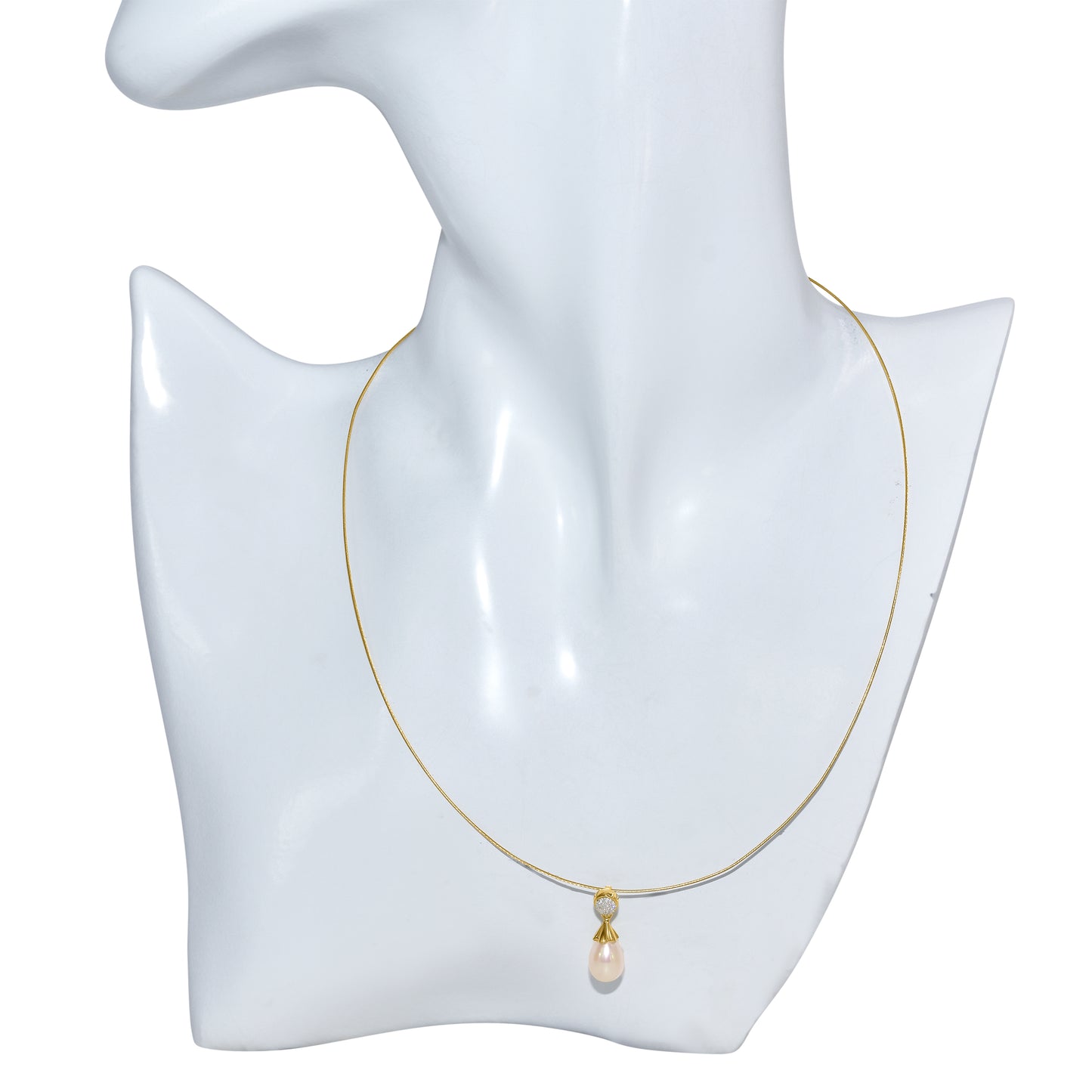 14k Pearl Drop Diamond Pendant Wire Necklace