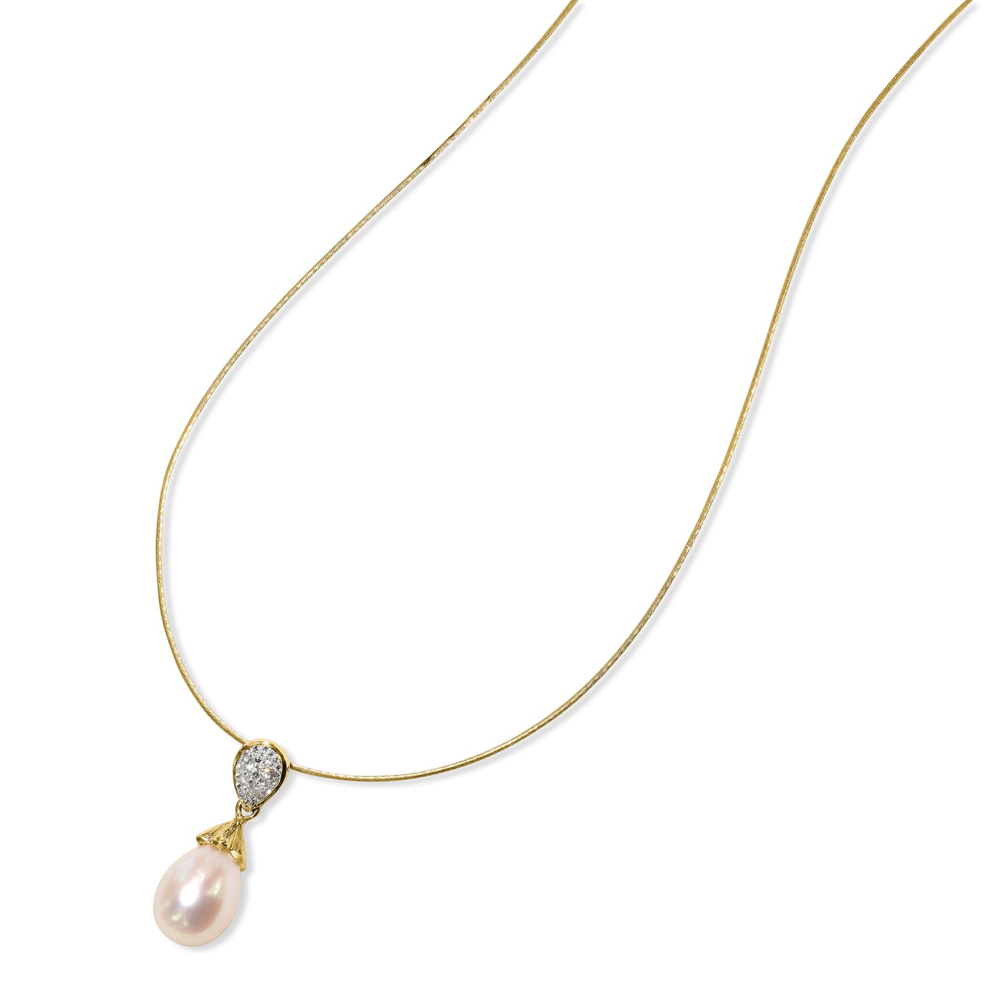 14k Pearl Drop Diamond Pendant Wire Necklace