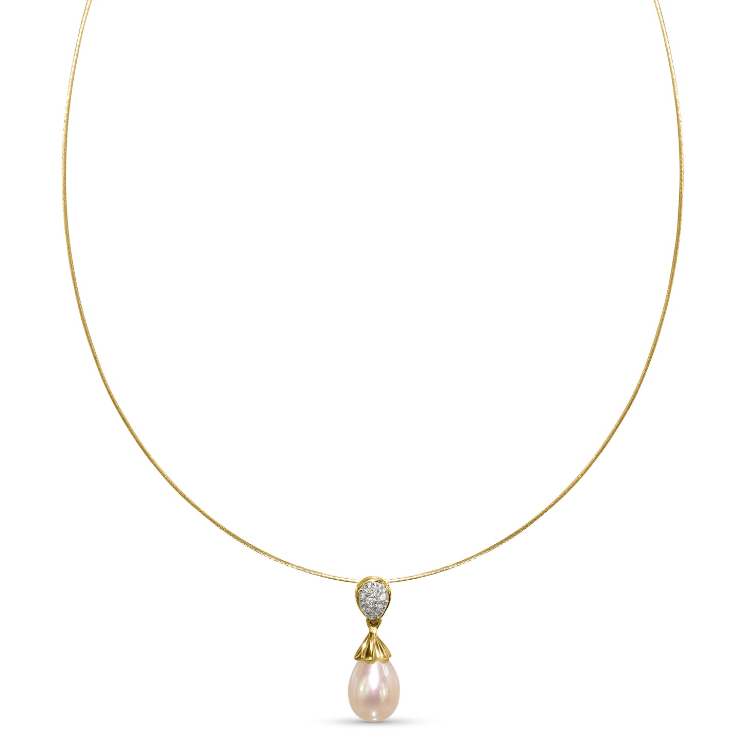 14k Pearl Drop Diamond Pendant Wire Necklace