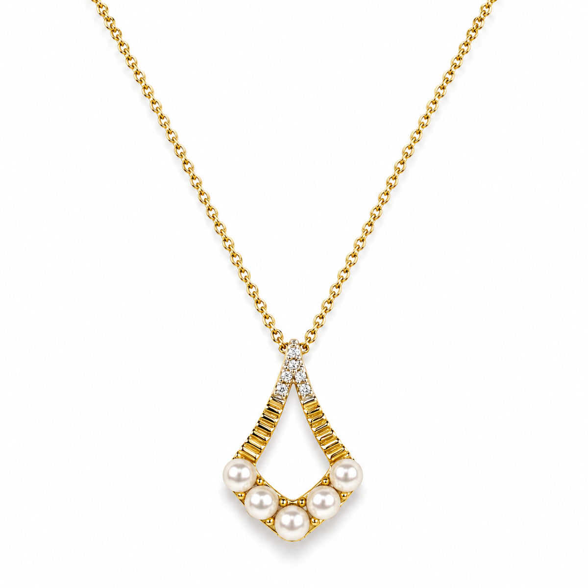 14k Kite Shape White Pearl & Diamond Pendant Necklace