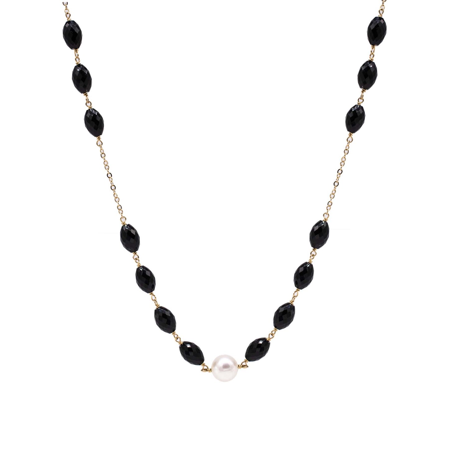 14k Black Onyx White Freshwater Pearl Link Necklace 18"