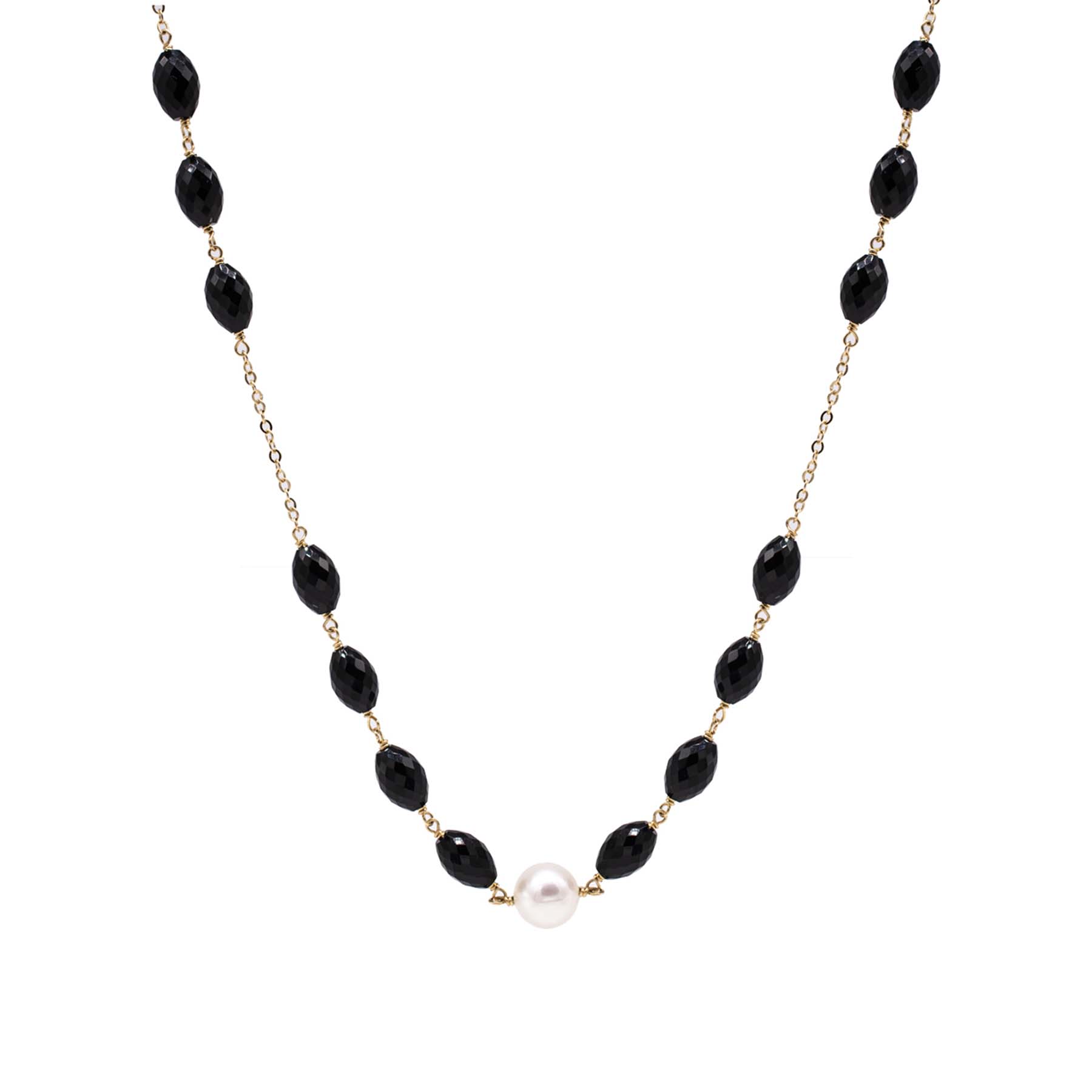 14k Black Onyx White Freshwater Pearl Link Necklace 18"