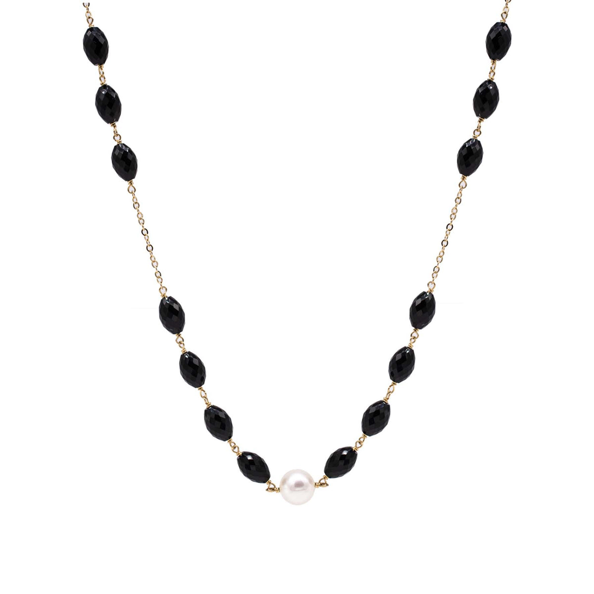 14k Black Onyx White Freshwater Pearl Link Necklace 18"