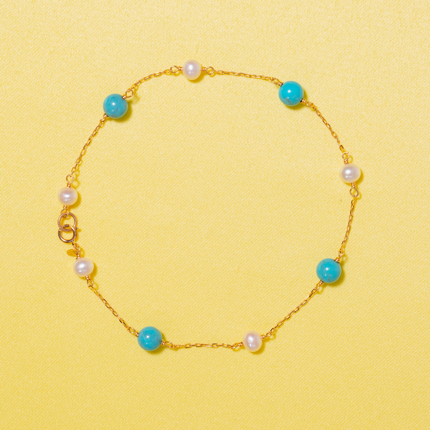 14k White Freshwater Pearl Turquoise/Coral Station Anklet 9.5"