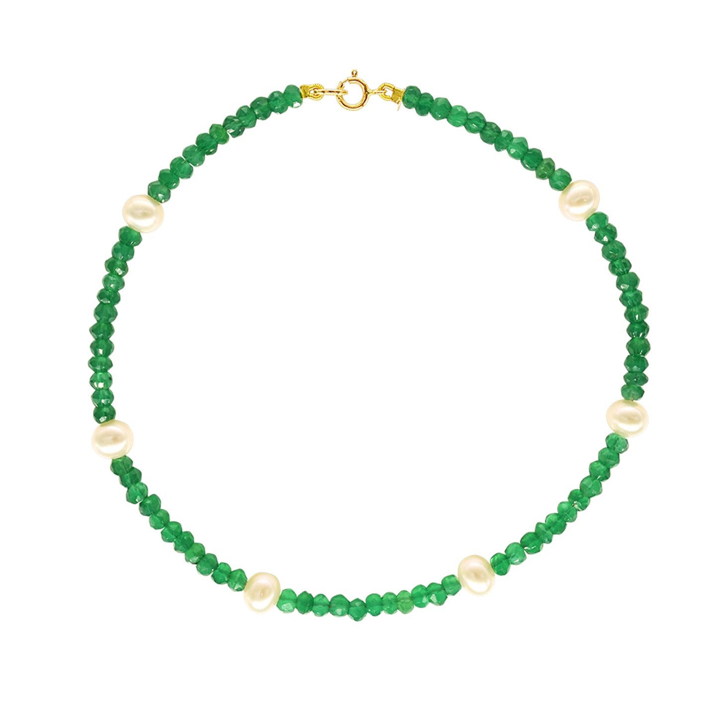 14k Rondelle Beaded Gemstone and White Freshwater Pearl Anklet 9.5" Green Onyx