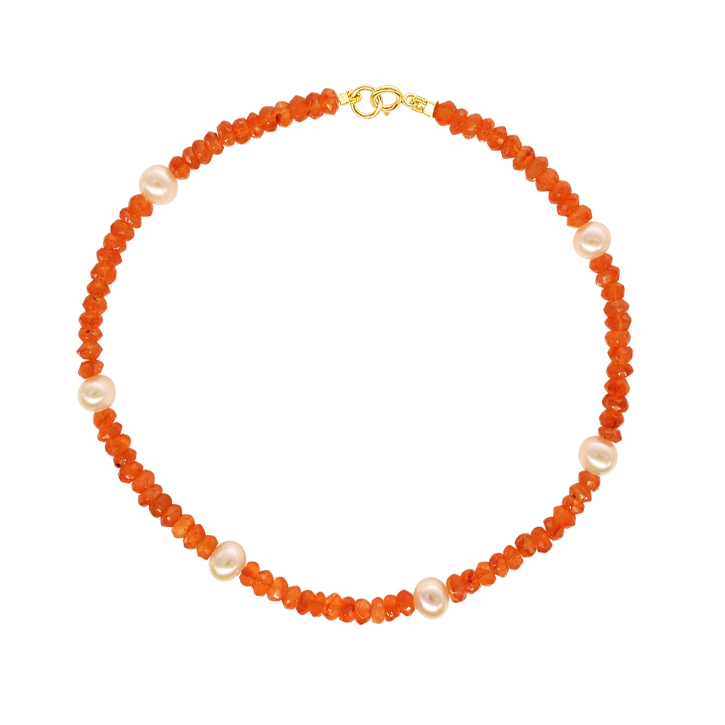 14k Rondelle Beaded Gemstone and White Freshwater Pearl Anklet 9.5" Carnelian