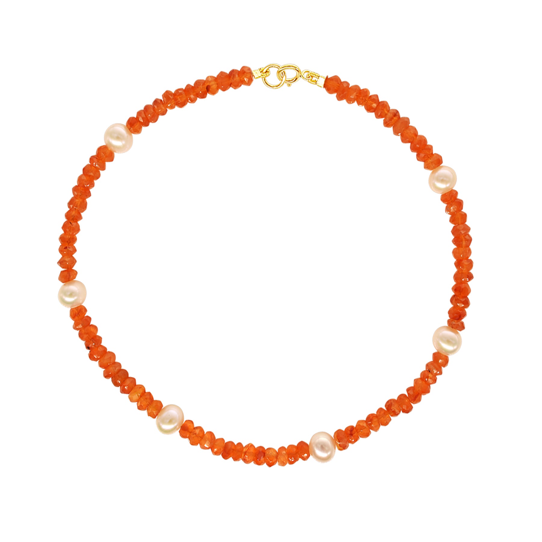 14k Rondelle Beaded Gemstone and White Freshwater Pearl Anklet 9.5" Carnelian