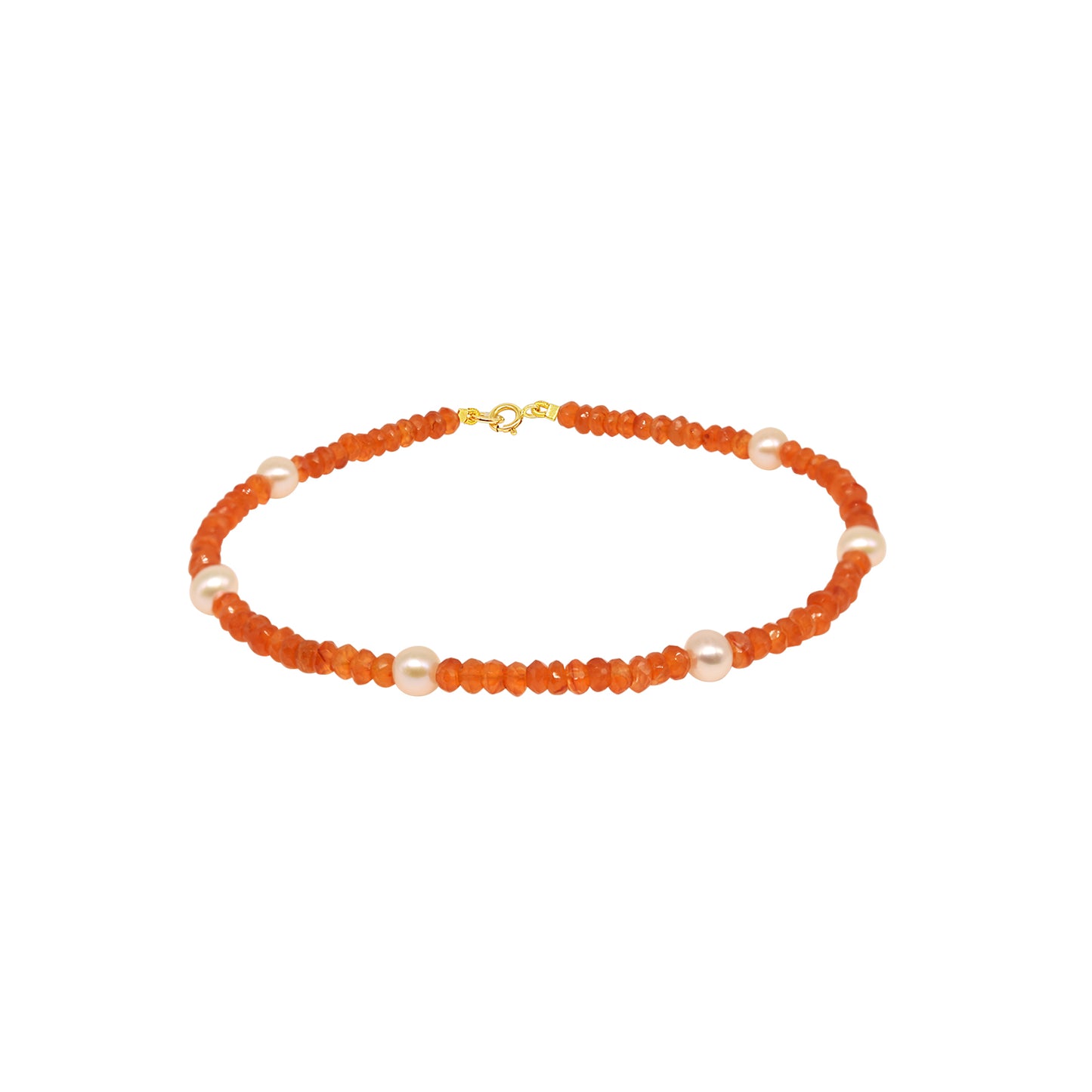14k Rondelle Beaded Gemstone and White Freshwater Pearl Anklet 9.5" Carnelian
