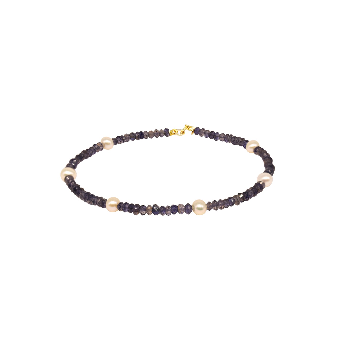 14k Rondelle Beaded Gemstone and White Freshwater Pearl Anklet 9.5" Iolite