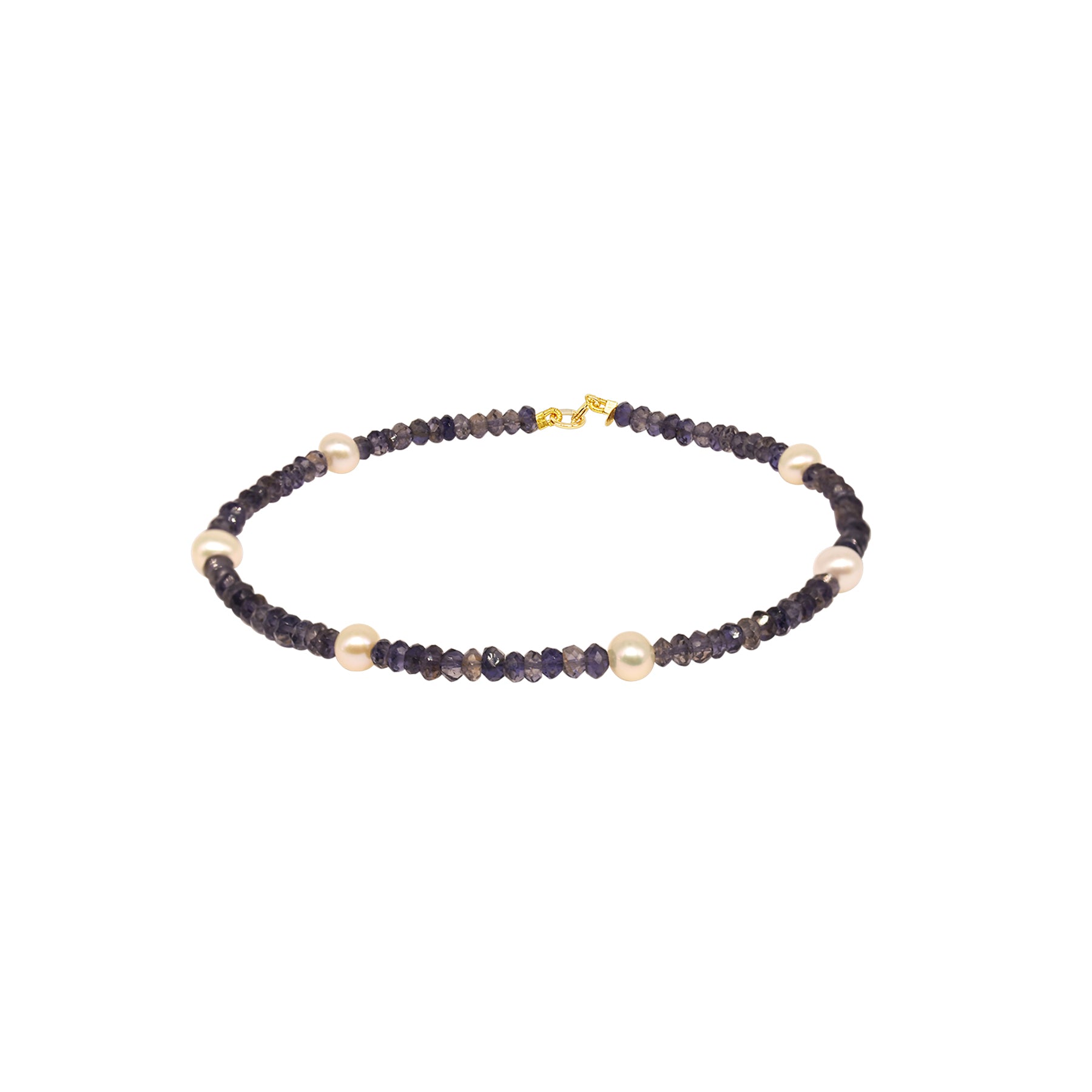 14k Rondelle Beaded Gemstone and White Freshwater Pearl Anklet 9.5" Iolite
