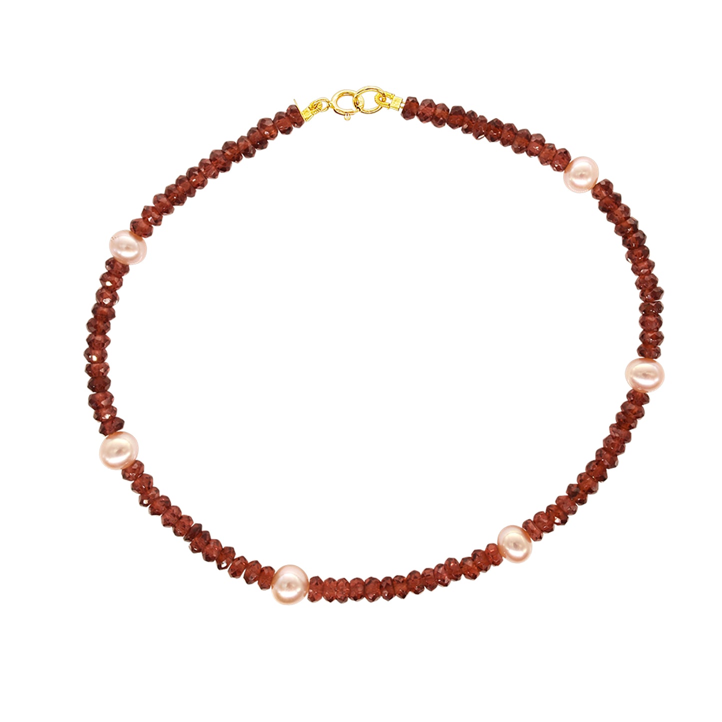14k Rondelle Beaded Gemstone and Pink Freshwater Pearl Anklet 9.5" Garnet