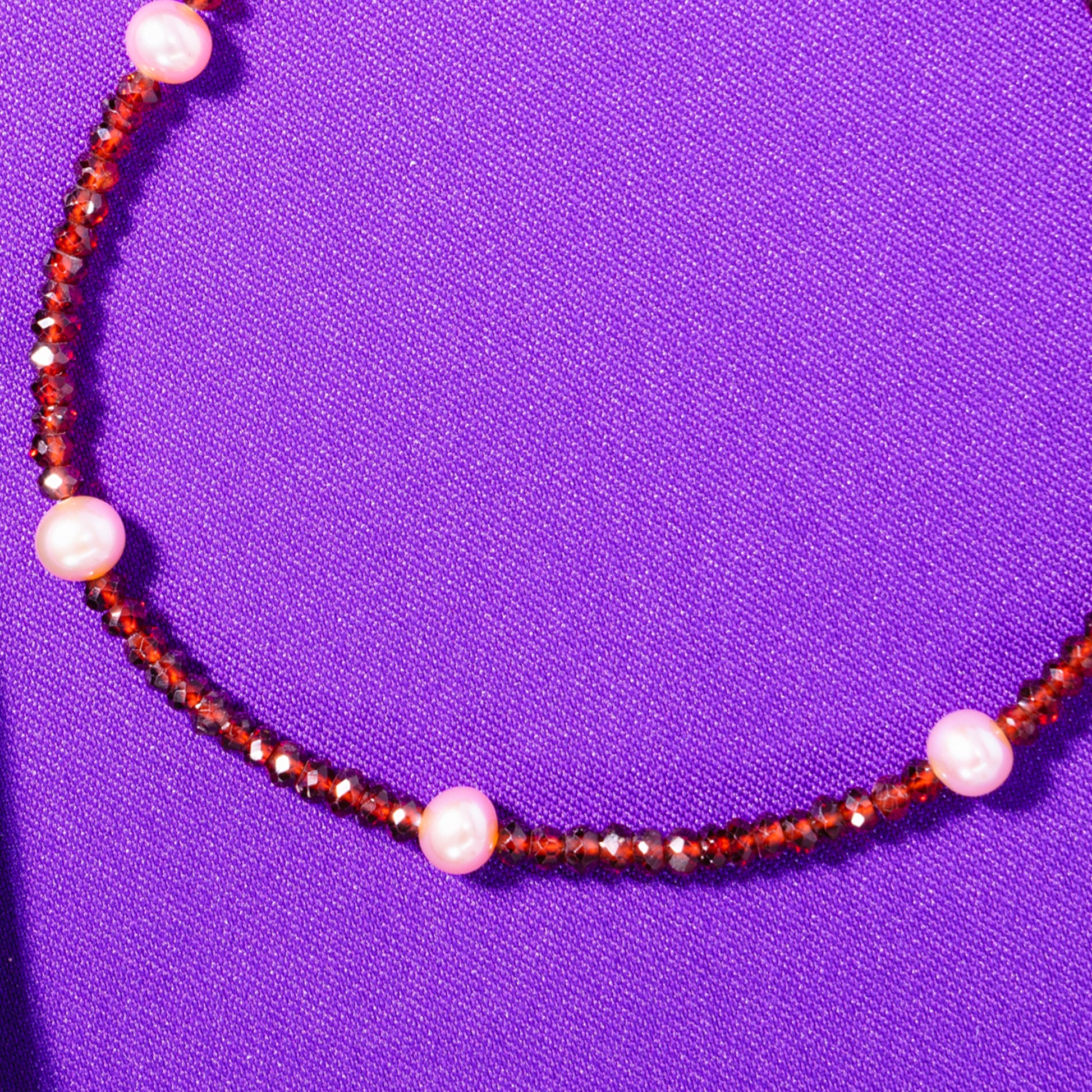 14k Rondelle Beaded Gemstone and Pink Freshwater Pearl Anklet 9.5" Garnet