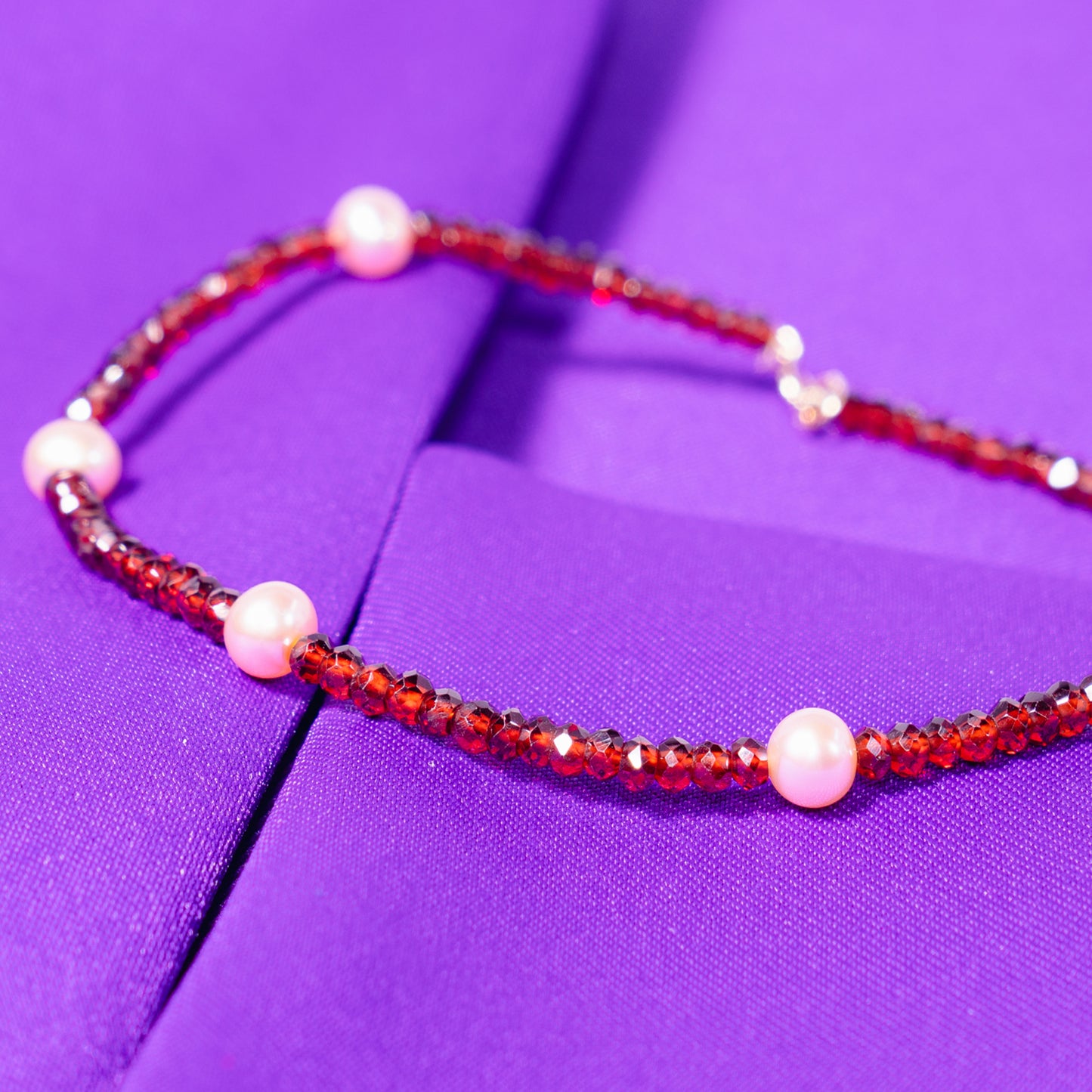 14k Rondelle Beaded Gemstone and Pink Freshwater Pearl Anklet 9.5" Garnet