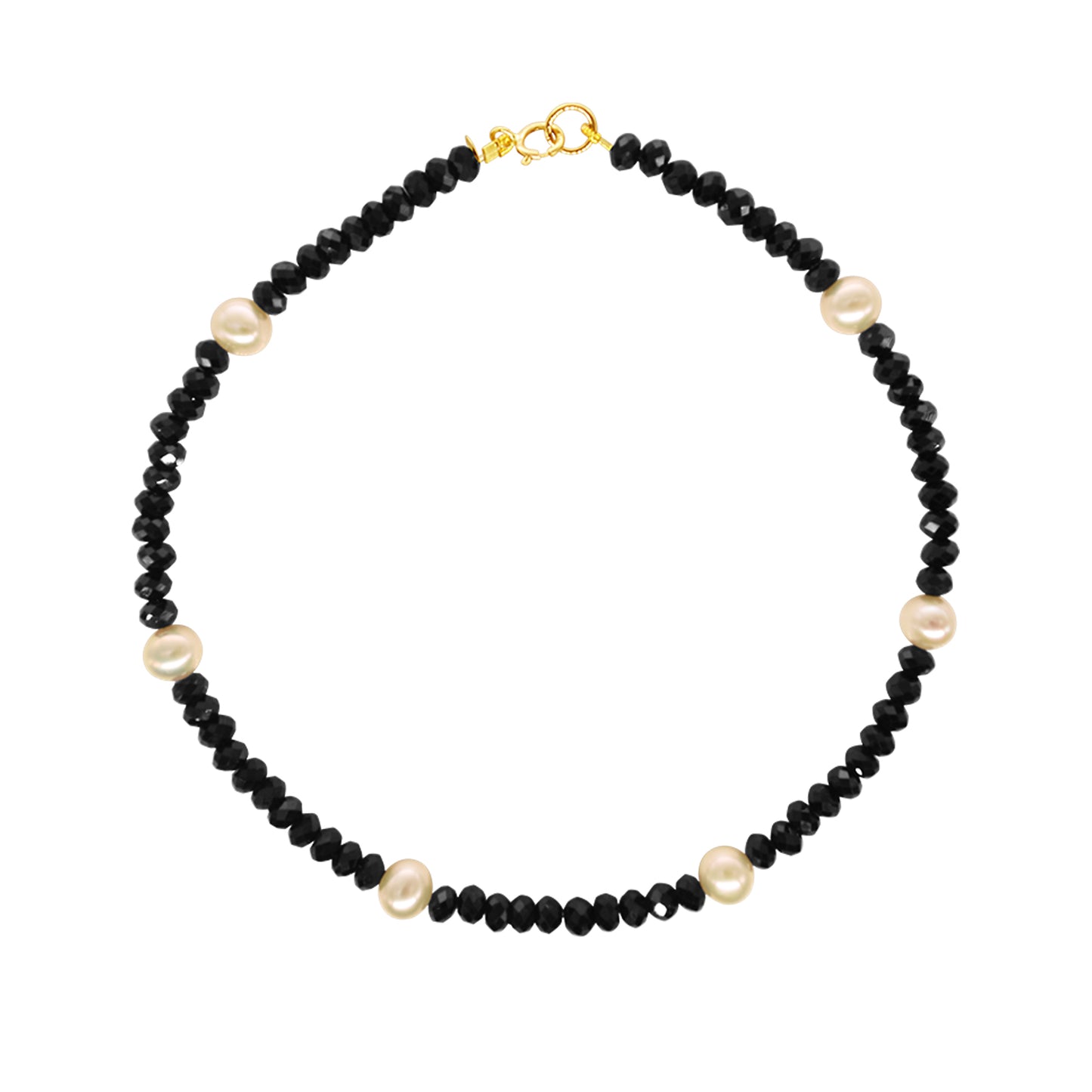 14k Rondelle Beaded Gemstone and White Freshwater Pearl Anklet 9.5" Black Spinel