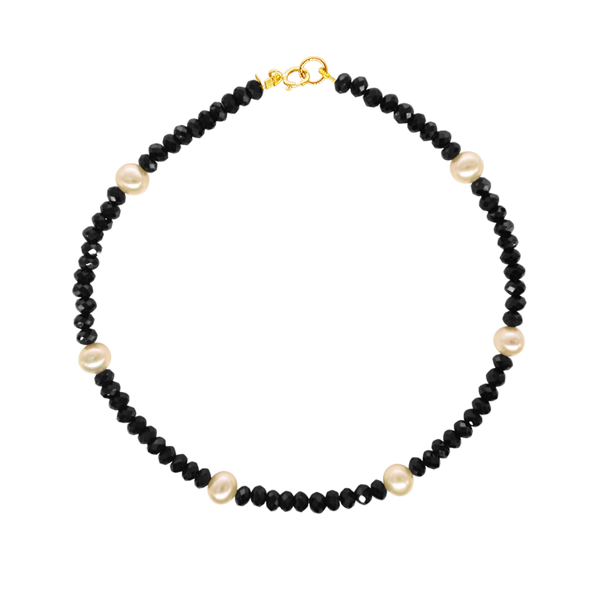 14k Rondelle Beaded Gemstone and White Freshwater Pearl Anklet 9.5" Black Spinel