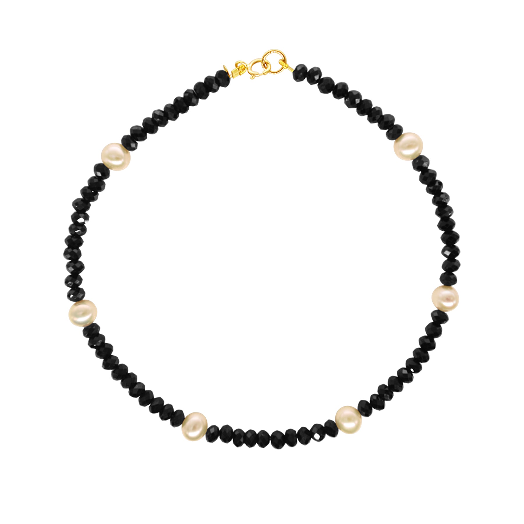 14k Rondelle Beaded Gemstone and White Freshwater Pearl Anklet 9.5" Black Spinel