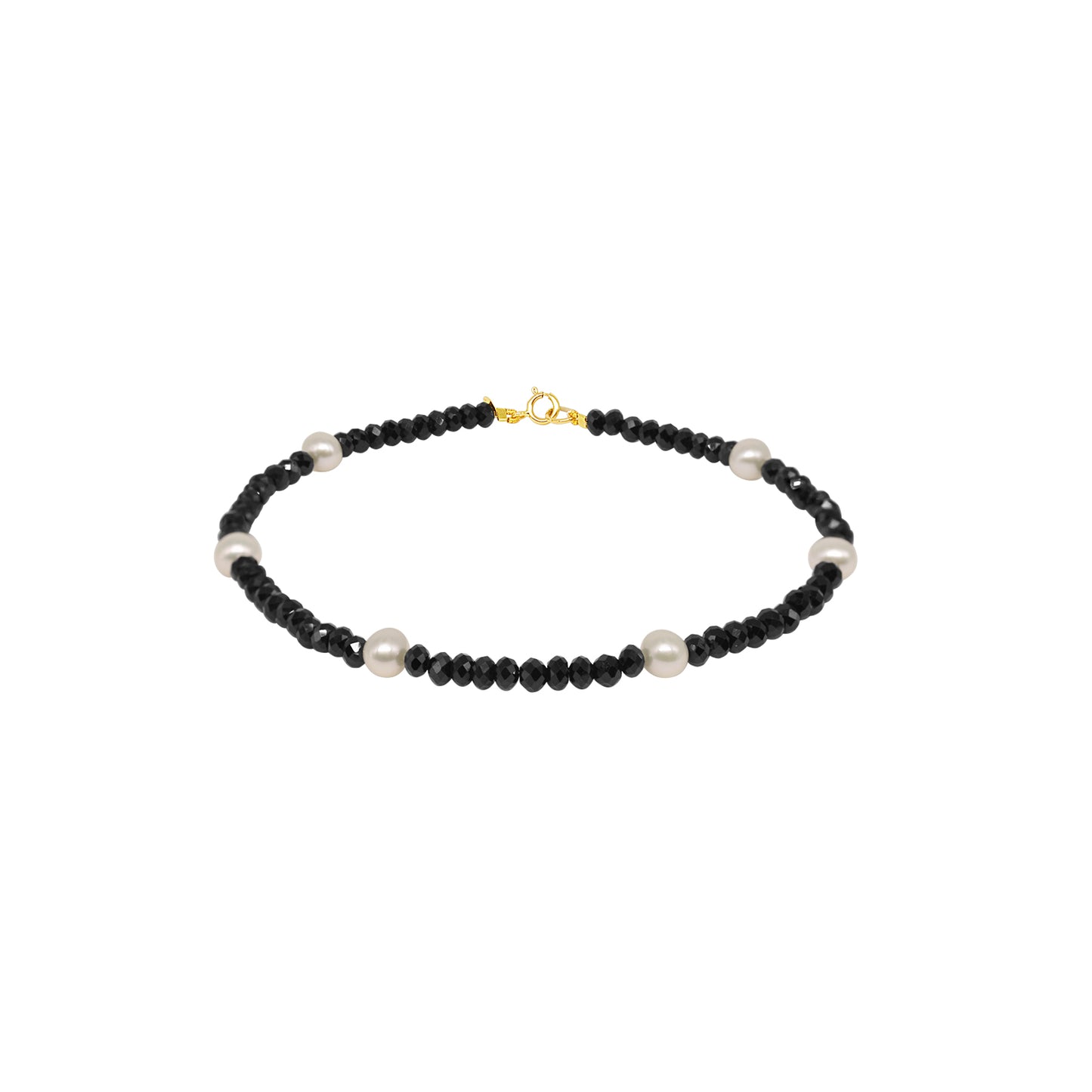 14k Rondelle Beaded Gemstone and White Freshwater Pearl Anklet 9.5" Black Spinel