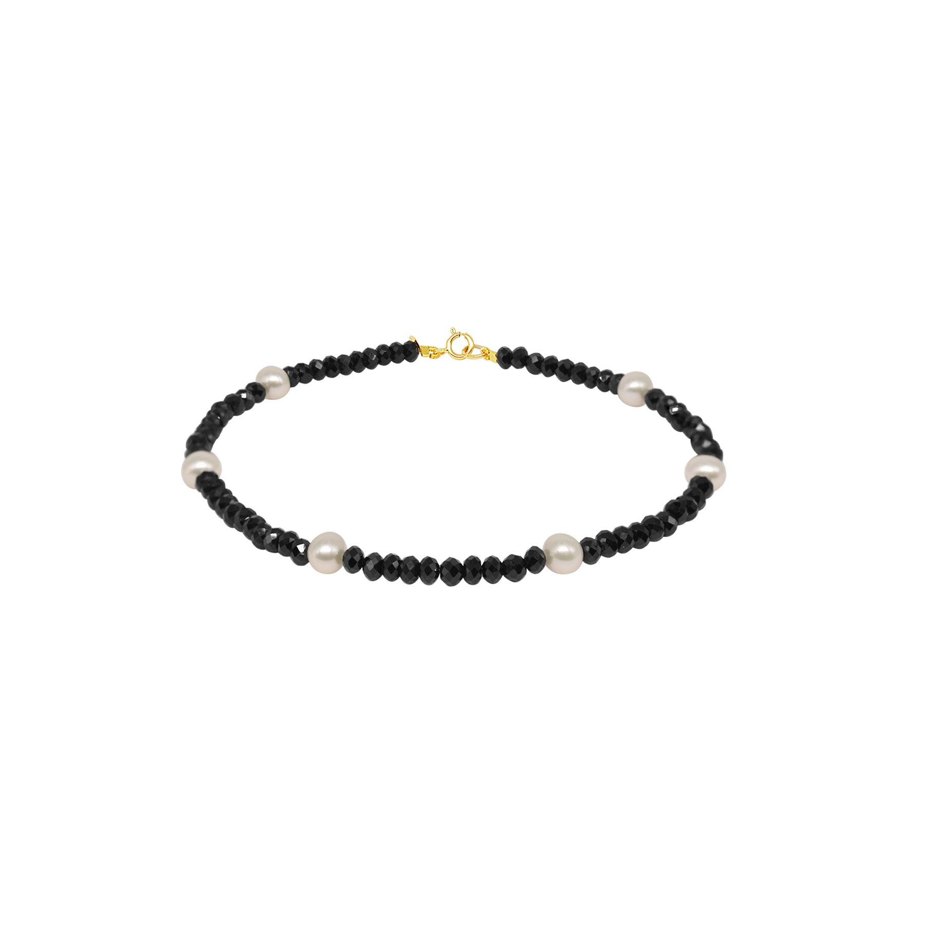 14k Rondelle Beaded Gemstone and White Freshwater Pearl Anklet 9.5" Black Spinel