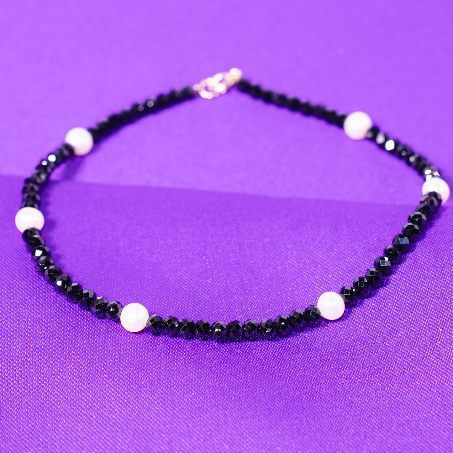 14k Rondelle Beaded Gemstone and White Freshwater Pearl Anklet 9.5" Black Spinel