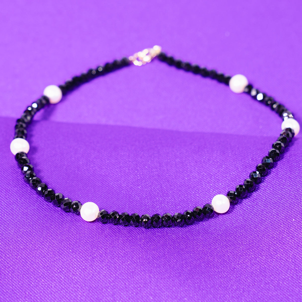 14k Rondelle Beaded Gemstone and White Freshwater Pearl Anklet 9.5" Black Spinel