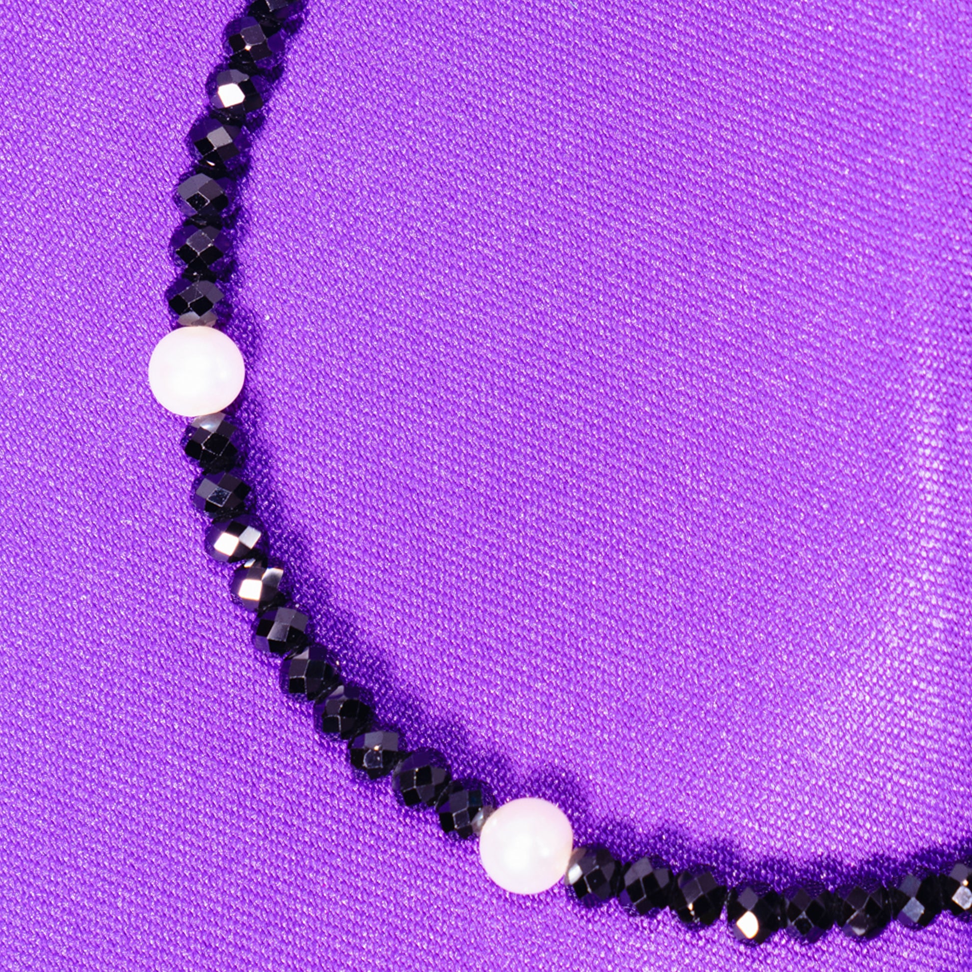 14k Rondelle Beaded Gemstone and White Freshwater Pearl Anklet 9.5" Black Spinel